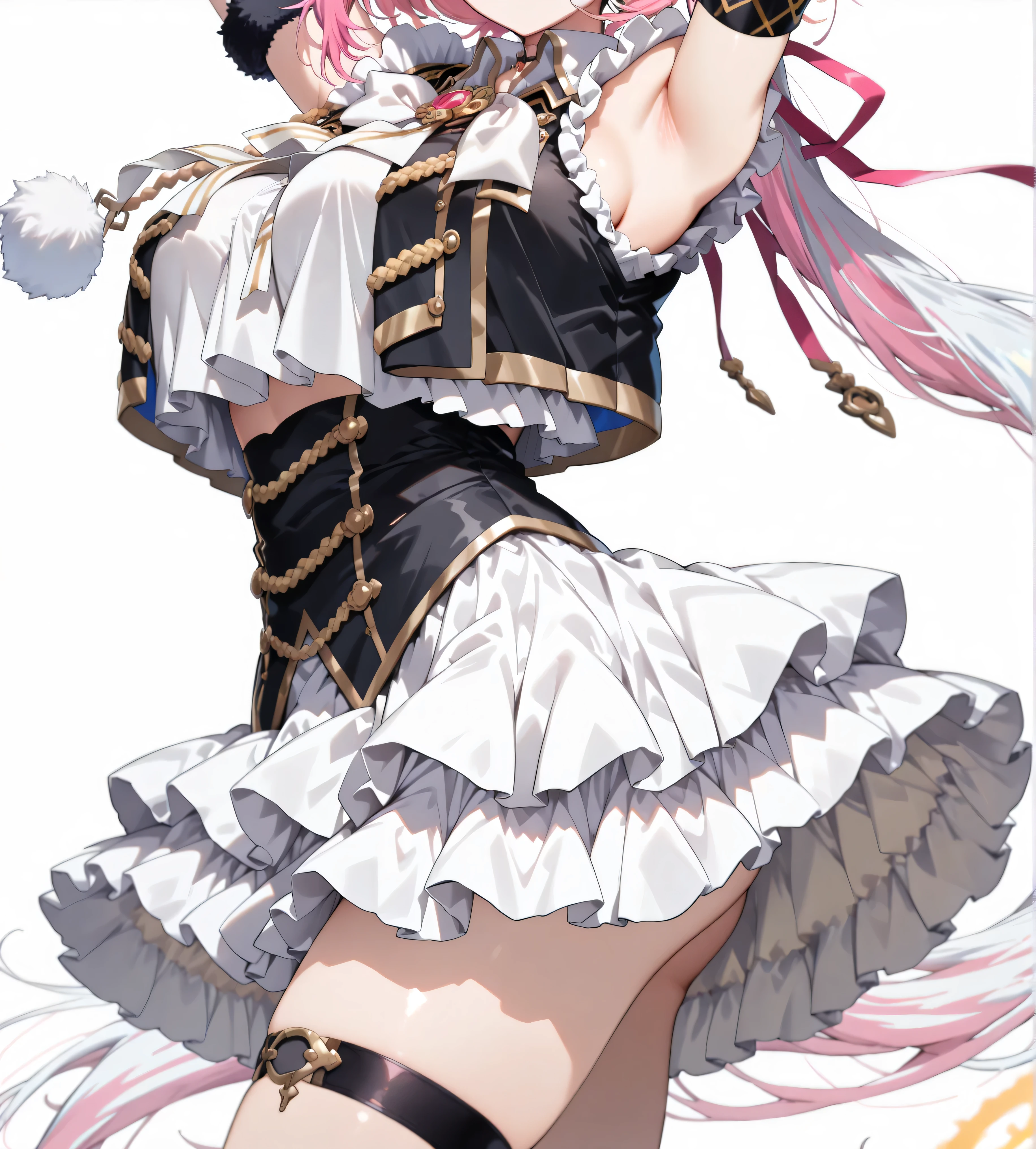 nijiyuikacos,white shirt,frilled shirt,shirt overhang,sleeveless,black vest,crop top vest,open vest,aiguillette,gold trim,((large white bow tie)),((long white bow tie)), pink brooch,single armband,black armband,white skirt,frilled skirt,layered skirt,black thigh strap,fur-trimmed gloves,,nijiyuikacos,white shirt,frilled shirt,shirt overhang,sleeveless,black vest,crop top vest,open vest,aiguillette,gold trim,white bow,pink brooch,single armband,black armband, masterpiece, best quality, highres, anatomically correct,((white background)), ((large breasts))