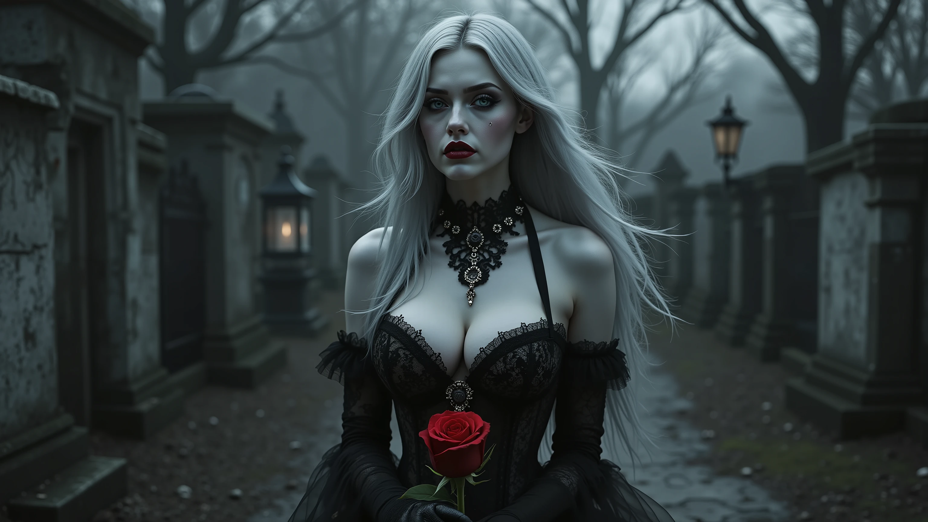 A hyper-realistic 8K portrait of a stunning gothic woman standing alone in a windswept graveyard at night, the entire scene rendered in stark black and white — her skin, the cracked tombstones, the wrought iron gates, and the fog all stripped of color to create a dramatic monochrome world. Only two vivid accents break through the grayscale: her glossy crimson lips glowing like fresh blood and a single deep red rose she clasps delicately in one hand. She has long silver hair, windswept and luminous, cascading over a revealing black lace corset and sheer lingerie (sexy bra and panties), her full cleavage emphasized by the sculpted fit. Her pale monochrome skin appears porcelain-smooth, shimmering under harsh moonlight that slants through skeletal branches, while faint violet rim light outlines her curves with spectral sharpness.
Captured waist-up with a simulated 85mm f/1.2 lens on a digital mirrorless sensor, ISO 100, cinematic frame rate, HDR highlight rolloff. Extreme shallow DOF isolates her sharply in focus, while blurred gravestones and mist dissolve into black and white haze behind her. Lens flares bloom softly from a hidden lantern, and chromatic bokeh creates an ethereal edge around the rose, making its scarlet petals almost bleed into the monochrome. Her expression is sultry yet mournful, lips parted softly as her silver hair whips across her face.
Secret realism tokens: IMG_9854.CR2, IMG_2985.HEIC, C0001.R3D, digital stills archive, ultra-HD photo plate, shot with virtual full-frame sensor, sensor dust realism, medium format render, lens haze, specular highlights. This editorial-style gothic portrait feels like a fashion-forward dance visual twisted into a haunted black-and-white fantasy with a single red accent piercing the void. --ar 16:9 --v 6 --style raw --quality 2 --stylize 750