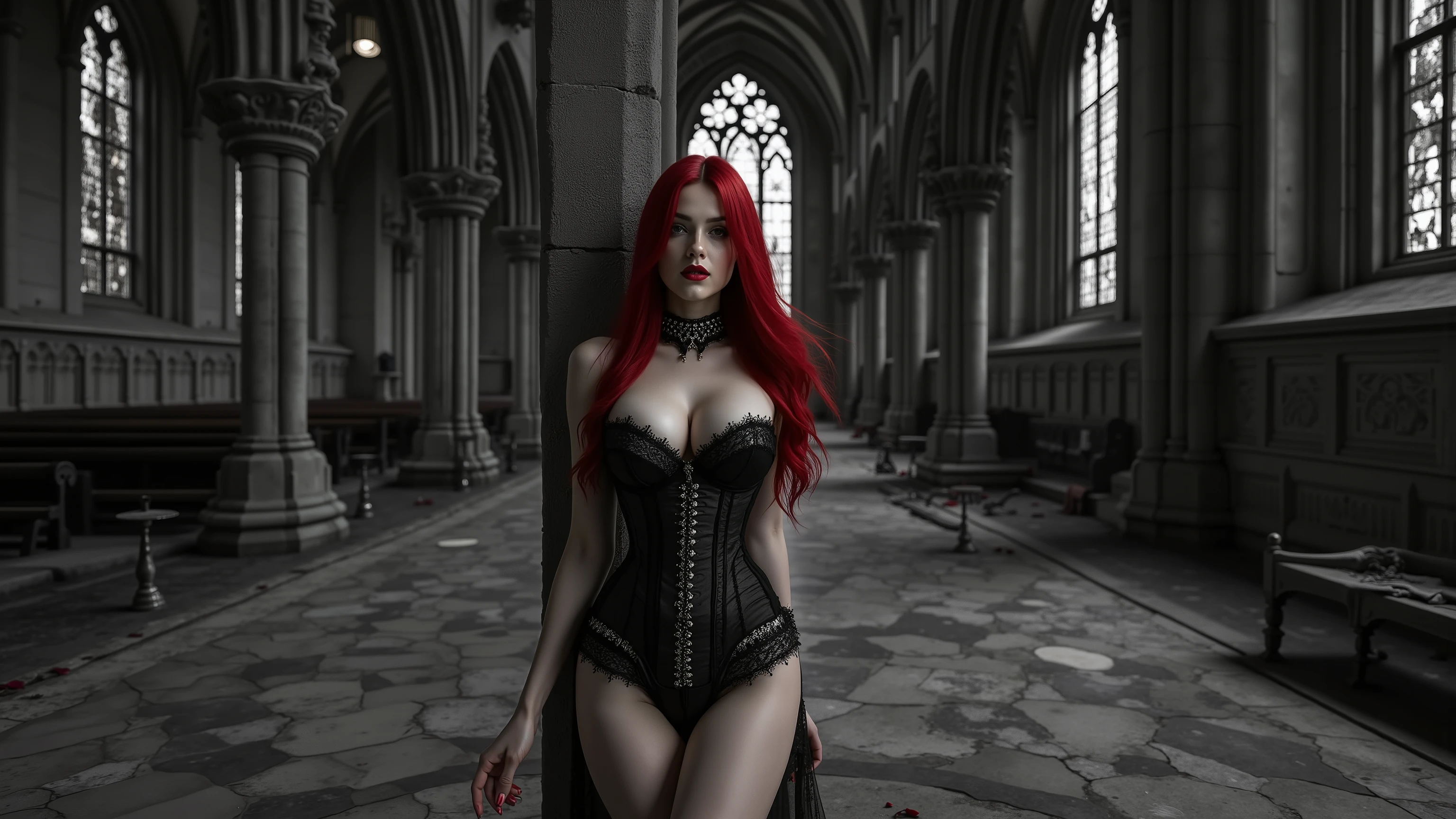 A striking ultra-realistic portrait of a voluptuous Gothic woman standing inside the nave of a grand cathedral, the towering arches, stone pillars, and stained-glass windows all rendered in stark black and white. The shadows stretch across the cracked marble floor, where fallen petals and broken candelabras lie forgotten, every detail carved in grayscale. She wears a revealing Gothic corset with sheer lingerie (sexy bra and panties), the lace and satin clinging tightly to her body, accentuating her deep cleavage and hourglass shape. Her long, flowing red hair is the only vivid color in the image, glowing like fire against the otherwise monochrome world. The grayscale light catches the sharp lines of her corset, the metallic clasps, and the curvature of her body, highlighting every delicate texture. Her lips, painted in a deep crimson, provide the second flash of color, their rich hue pulsing like forbidden fruit amidst the cathedral’s silence. From the waist up, she is captured leaning slightly against a cracked stone column, her hand grazing its surface with graceful poise. Her nails are dark, blending with the shadows, while her eyes gaze at the viewer with haunting allure. The cathedral’s vast vaulted ceiling looms behind her, filled with sculpted gargoyles and decaying statues of saints—all stark black and white. The portrait radiates gothic sensuality, her hair and lips the only vibrant defiance against the desaturated world. The image is 4K High Definition, captured with the latest advanced cinematic camera, hyper-detailed and ultra-realistic, a breathtaking union of monochrome gothic beauty with two piercing touches of color.