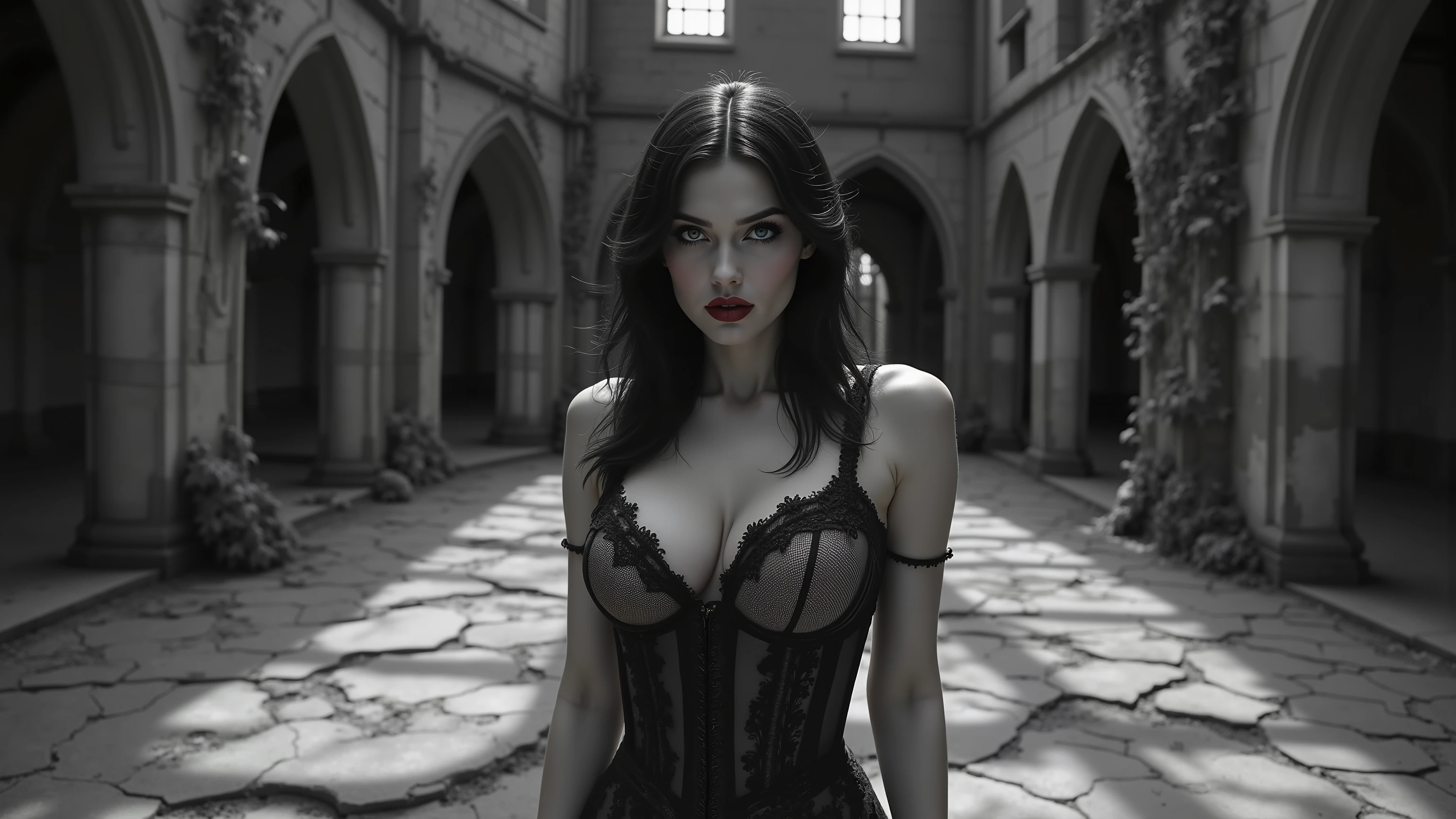 An ultra-realistic 4K portrait of a Gothic woman standing in a vast courtyard of a ruined monastery, the crumbling stone arches and vine-covered walls all captured in stark black and white. Shadows stretch across the cracked floor, and the silence of the abandoned gothic grounds adds to the atmosphere. She wears a tightly laced corset with sheer lingerie (sexy bra and panties), her breasts pressed high in dramatic cleavage, the lace shimmering faintly in the monochrome light. Her hair is styled in loose waves, shoulder-length and dark, framing her alluring expression. The only color in the portrait comes from her lips, painted in a deep crimson red, and the single violet flower she holds delicately in her hand, its petals glowing vividly against the desaturated world. From the waist up, she stands tall, one hand lifting the flower near her face, her other arm resting casually at her side. Her gaze is locked to the viewer with haunting intimacy, a blend of seduction and sorrow. Every lace detail, every crack in the stone, every vine creeping up the monastery walls is rendered with razor-sharp clarity. Captured with the ARRI Alexa 65 and Canon EF 85mm f/1.4L IS USM lens, the portrait achieves breathtaking cinematic realism, a gothic masterpiece where only her lips and the flower break free from the black-and-white void.