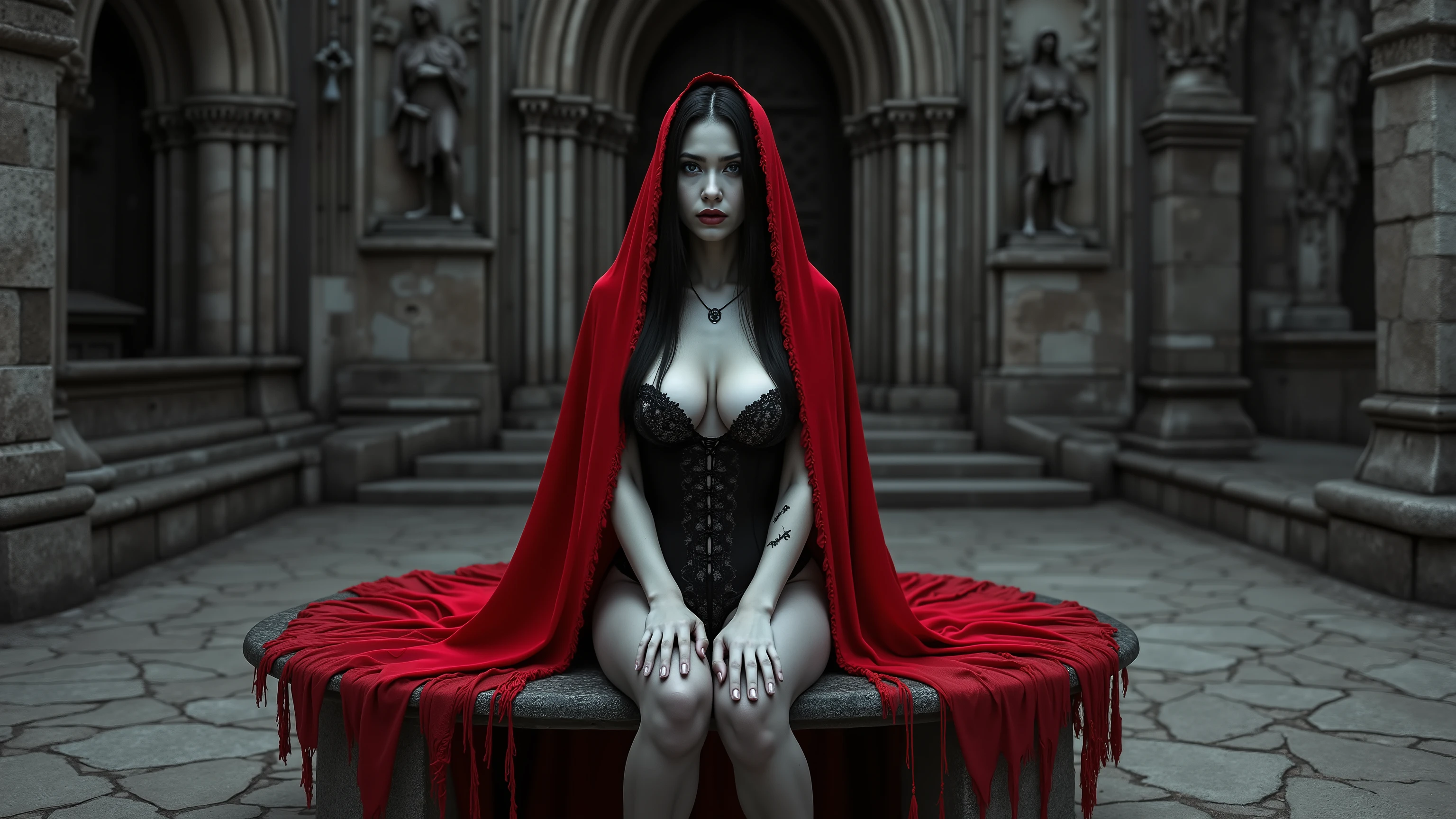 An ultra-realistic 4K portrait of a Gothic woman sitting on a cracked stone bench beneath the shadow of a towering cathedral wall, the entire environment captured in pure black and white. The jagged spires and weathered statues behind her fade into a sea of desaturation, every shadow and stone stripped of color. She wears a lace corset and lingerie (sexy bra and panties), the plunging cut revealing her voluptuous chest, the fabric clinging tightly to her curves. Her long straight hair falls loosely across her shoulders, her face pale and alluring, her eyes locked to the viewer with quiet intensity. The only vivid color in the portrait comes from the flowing crimson red cape draped over her head, its fabric cascading down around her shoulders in rich folds, glowing with striking contrast against the monochrome world. From the waist up, she leans forward slightly, her hands resting on her thighs, the red cape framing her face and chest like a halo of fire. The bench beneath her, the cracked ground, and the looming wall of the cathedral remain entirely black and white, amplifying the boldness of the single color accent. Every lace thread of her corset, every weathered carving in the stone, every ripple in the cape’s fabric is rendered with razor-sharp clarity. Captured with the ARRI Alexa 65 and Canon EF 85mm f/1.4L IS USM lens, the portrait radiates cinematic gothic realism, a haunting vision where the desaturated world surrounds her, yet the red cape burns as the sole vivid flame.
