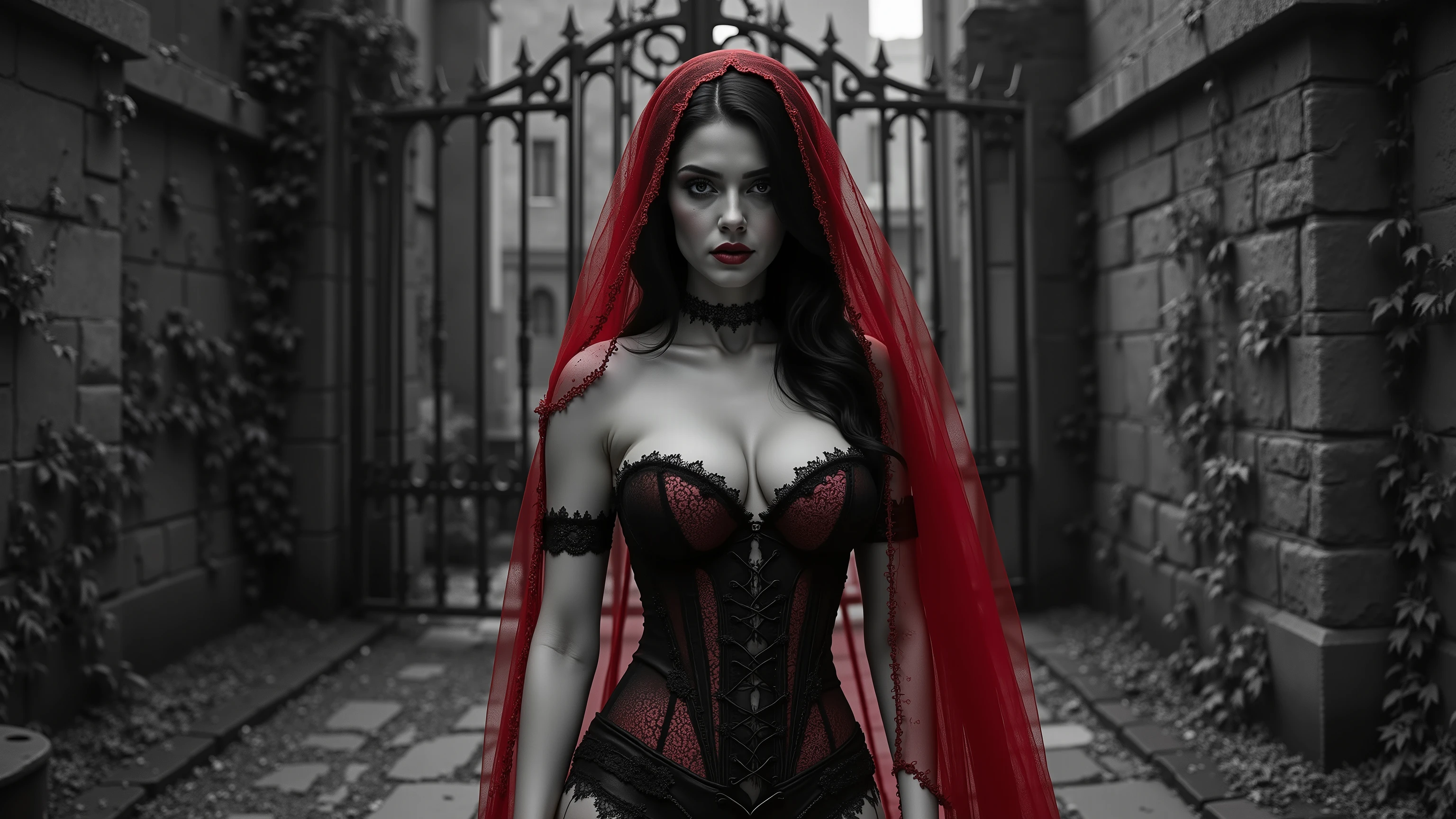 An ultra-realistic 4K portrait of a Gothic woman standing in front of a towering iron gate that guards the entrance to a forgotten castle, the entire world captured in pure black and white. The spiked gate, the ivy crawling up its bars, and the massive stone walls beyond are drained of all color, leaving only shadow and light. She wears a tightly laced corset with sheer lingerie (sexy bra and panties), her breasts pushed high, her body accentuated by the intricate lace that shimmers in the monochrome glow. Her long hair falls in thick curls down her shoulders, her expression both alluring and untamed as she stares directly at the viewer. Her skin and clothing remain starkly desaturated, carved in contrast. The only vivid color in the portrait comes from the deep crimson red veil draped across her shoulders and flowing down from her head like a shroud of fire. The veil ripples faintly in the wind, glowing defiantly against the black-and-white world, framing her face and chest with striking intensity. From the waist up, she stands close to the iron gate, one hand gripping its cold bars, the other resting on her waist in confident allure. Every detail—the cracks in the stone, the iron texture, the lace of her corset—is captured with cinematic sharpness. Shot with the ARRI Alexa 65 and Canon EF 85mm f/1.4L IS USM lens, the portrait glows with haunting realism, a gothic vision where the world is stripped of color, except for the blood-red veil that burns against the monochrome silence.