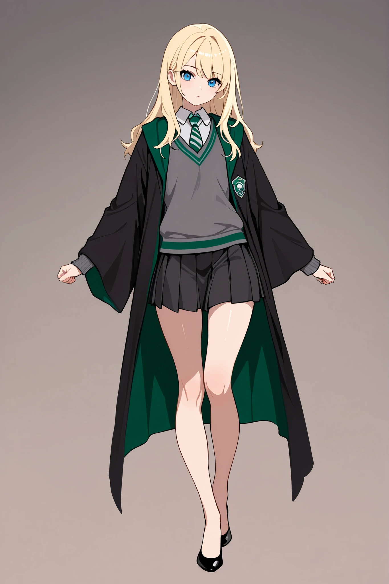 score_9, score_8_up, score_7_up, best quality, masterpiece, 4k resolution, 1girl, solo, youthful, beautiful, full body, long hair, blonde hair, blue eyes, looking at viewer, elegant posture, bare legs, smooth body, clean skin, hogwarts uniform, slytherin, black robe, necktie, striped necktie, collared shirt, sweater, pleated skirt, grey sweater, mary jane shoes, flats, black pumps, ballet shoes,