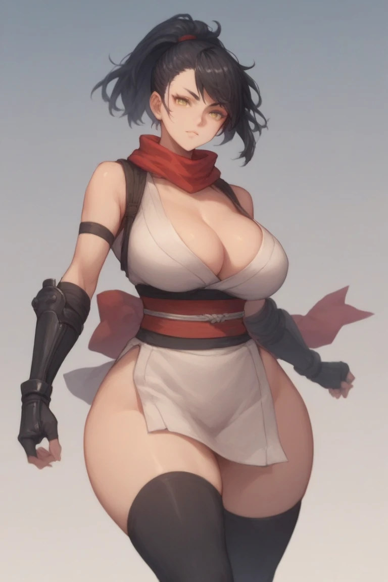 (masterpiece, best quality:1.2), coffeeslice, 1girl, long hair, solo,very long hair, smile, full body, parted lips, (realistic, photo-realistic:1.37), (8k, RAW photo, best quality, masterpiece:1.2), simple background, ultra-detailed, physically-based rendering, kodakvision color, bokeh, sharp focus, (solo:1.4), best quality, extremely detailed face, extremely detailed eyes and face, beautiful detailed eyes, 1girl,  manyuu chifusa, ninja, ponytail, japanese clothes, thighhighs, scarf, cleavage, absurdres, incredibly absurdres, masterpiece, best quality, realistic, sharp image, simple background, (1girl:1.6), , , , plump, curvy, sciamano240, soft shading, detailed, semi-realistic,