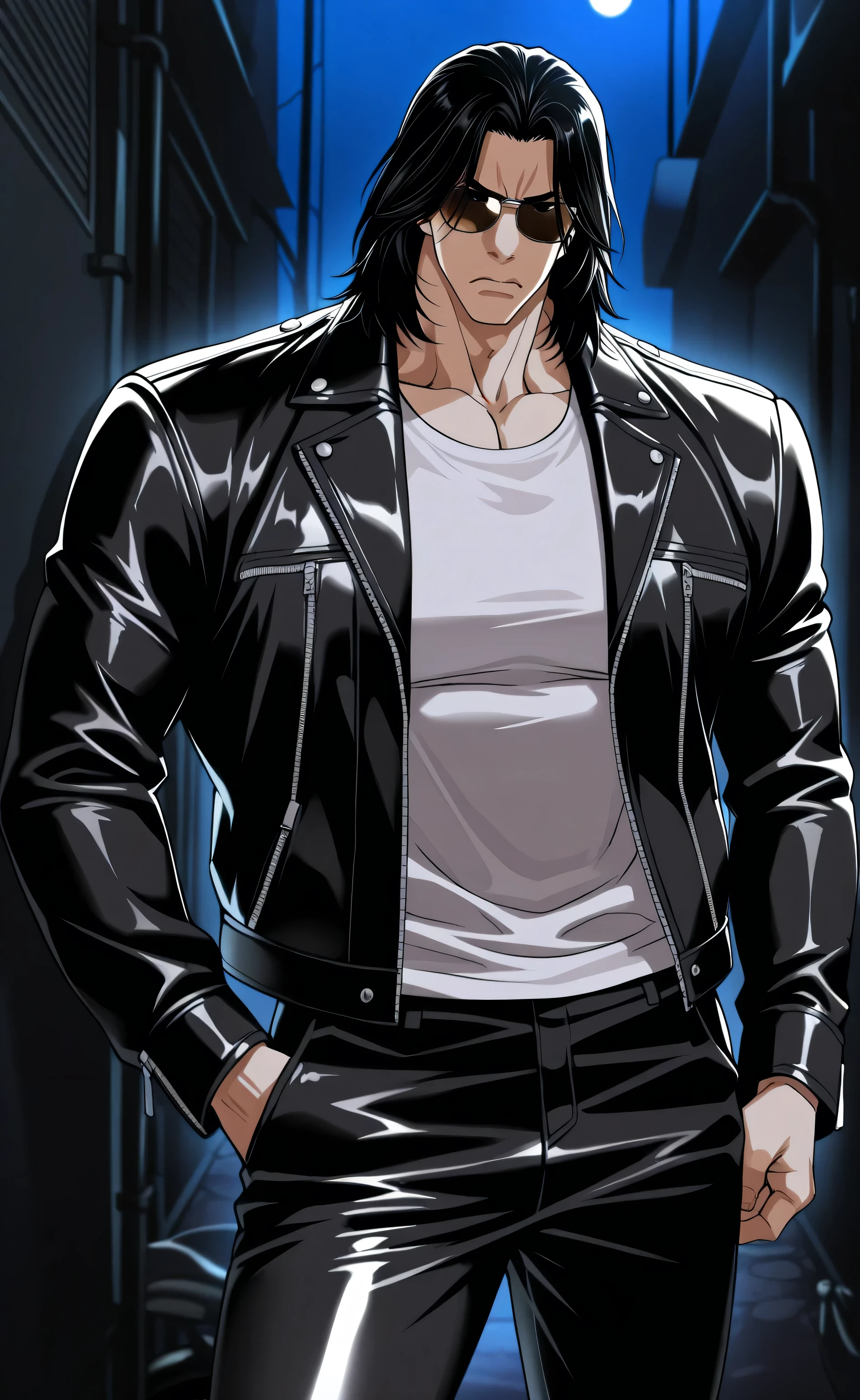 1male,solo,Keisuke Baji,medium hair,black eyes,not eyes,sun glasses,serious,leather jacket,white toptank, leather pants,biker,hand in pocket,thug,big muscle, alley,night,Lookism