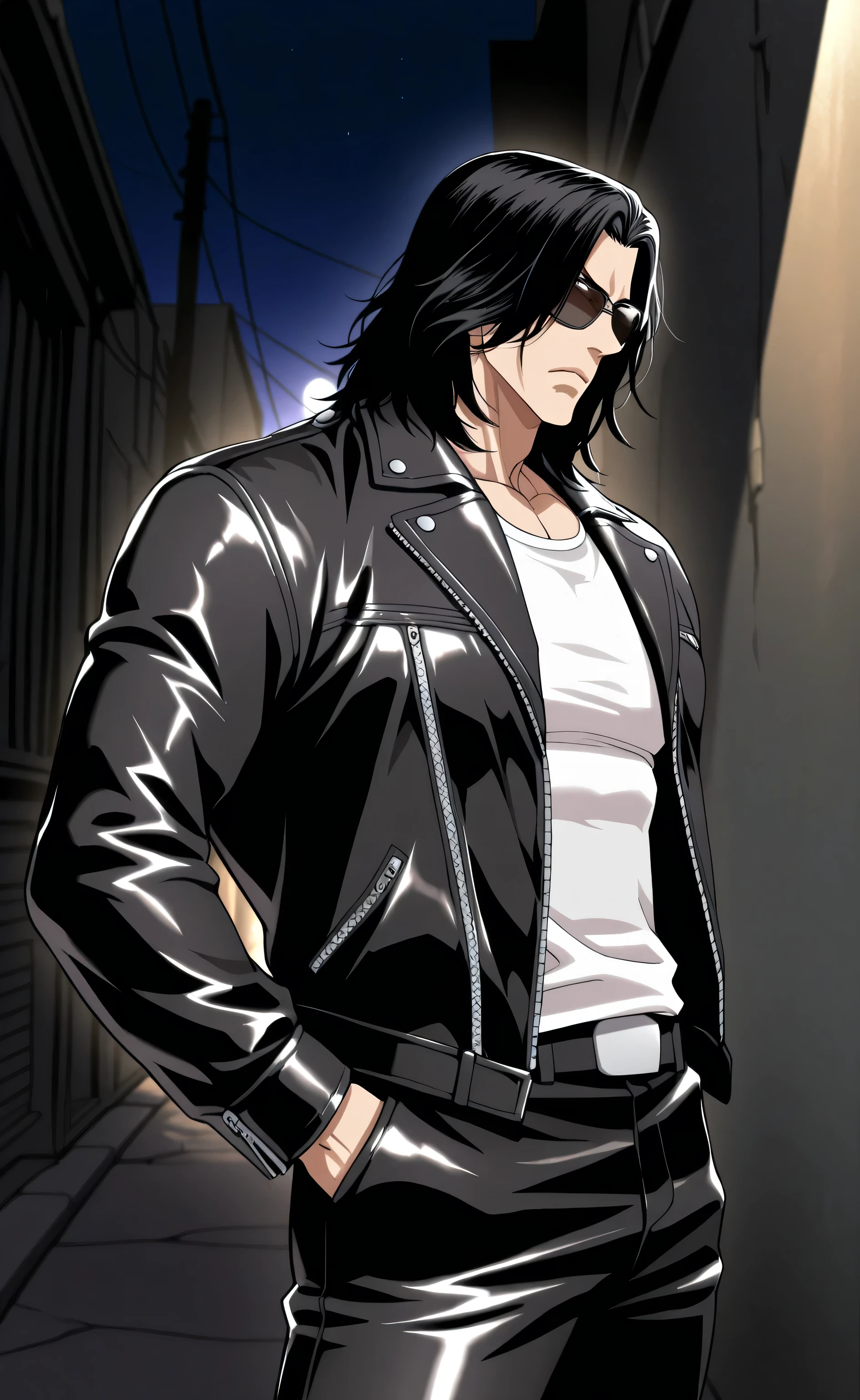 1male,solo,Keisuke Baji,medium hair,black hair,not eyes,sun glasses,serious,leather jacket,white toptank, leather pants,biker,hand in pocket,thug,big muscle, alley,night,Lookism