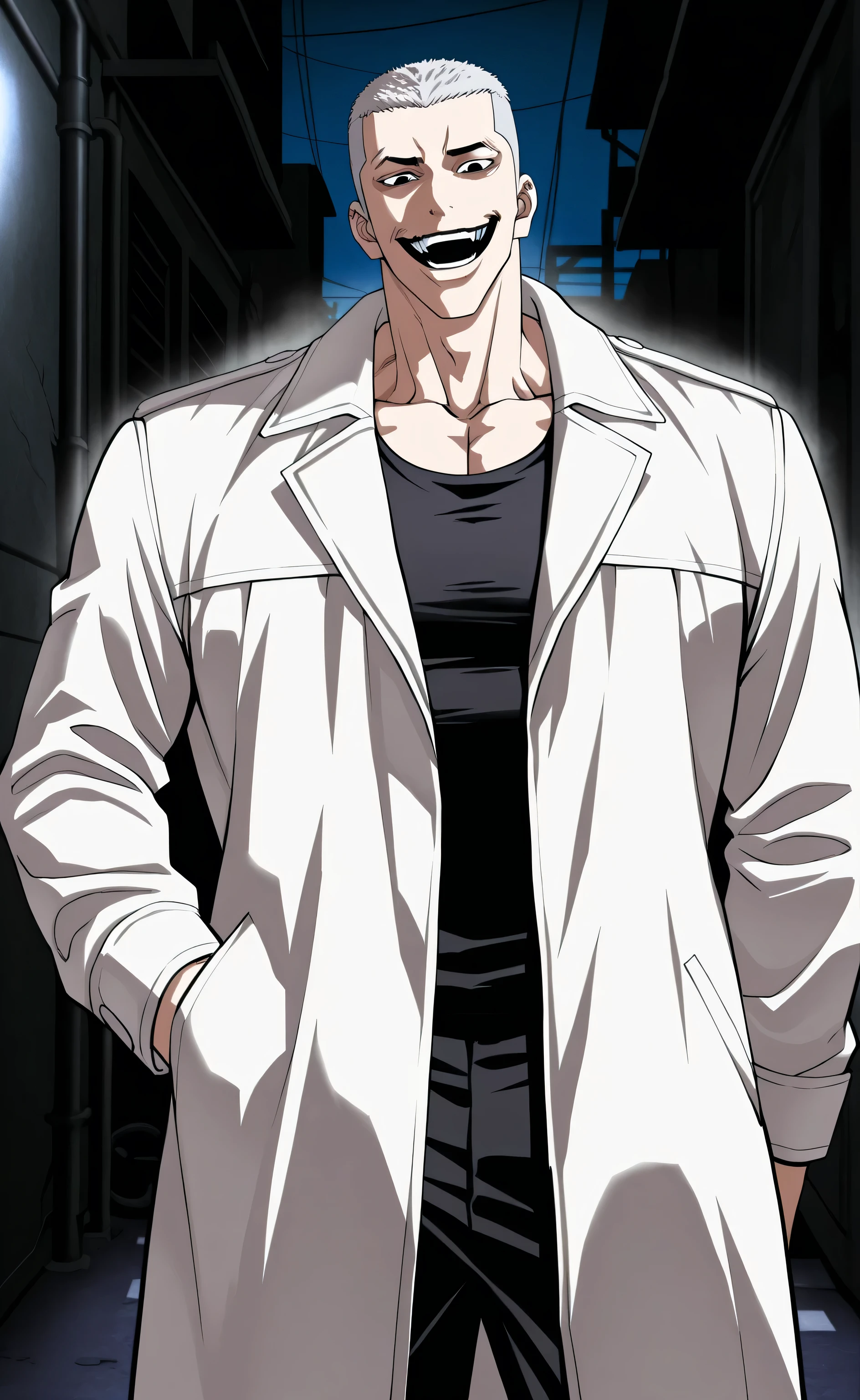 1male,solo,Keisuke Baji,short hair,buzz-cut hair,silver hair,black eyes,crazy smile,white leather coat,black toptank,black pants,biker,hand in pocket,thug,big muscle, alley,night,Lookism