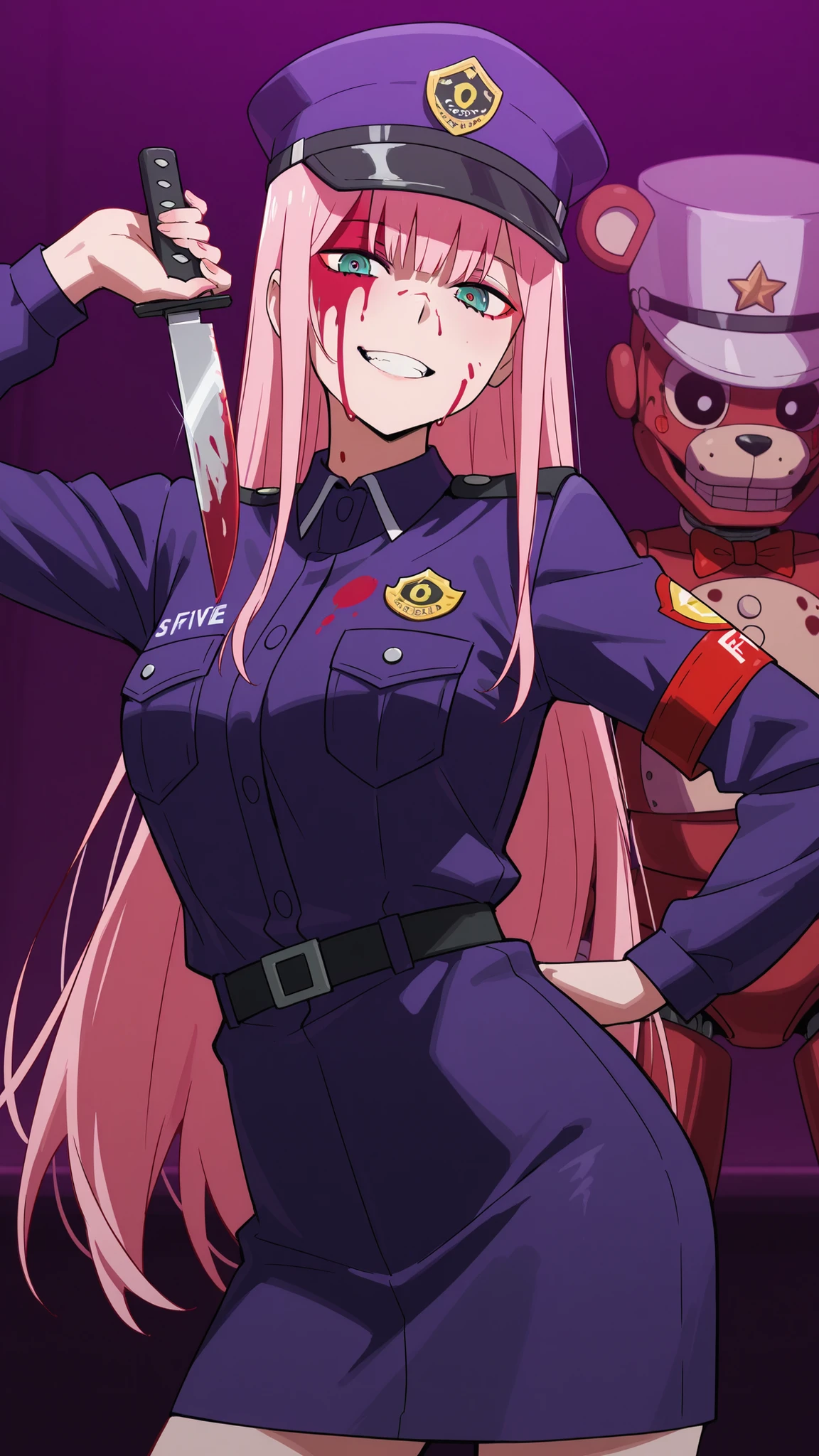 Waifu zero two,  is left in a sensual pose, wearing Five Night at Freddy's security guard uniform,  uniform purple, with a bloody knife , pizzeria with blood stains on his face and neck, At Five Night Ar's Freddy's