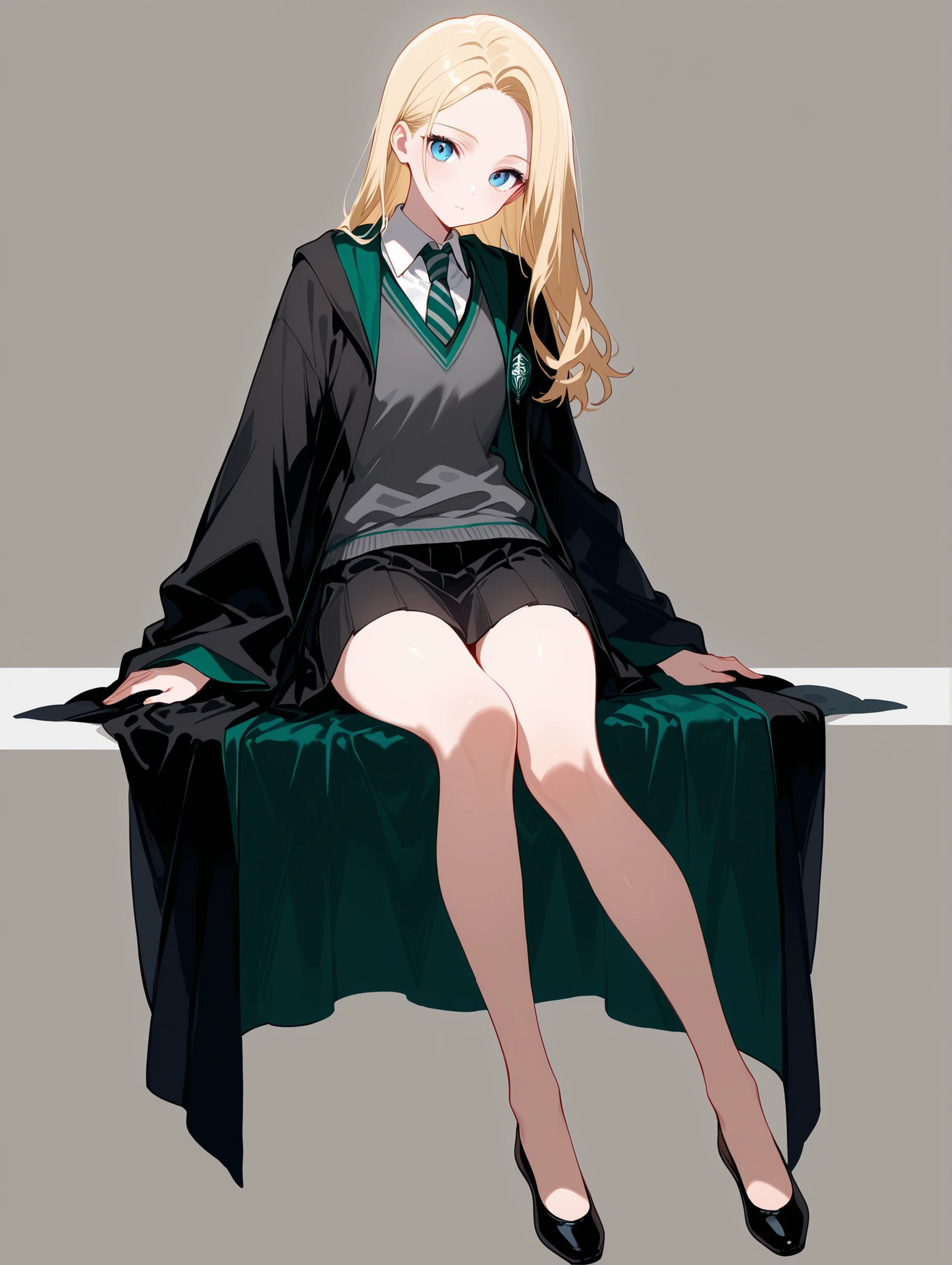 score_9, score_8_up, score_7_up, best quality, masterpiece, 4k resolution, 1girl, solo, youthful, beautiful, full body, long hair, blonde hair, blue eyes, looking at viewer, elegant posture, bare legs, smooth body, clean skin, hogwarts uniform, slytherin, black robe, necktie, striped necktie, collared shirt, sweater, pleated skirt, grey sweater, mary jane shoes, flats, black pumps, ballet shoes,