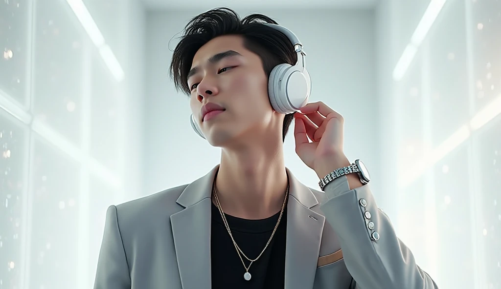 Male character with slightly pointed hair white long dress shirt with vest Black half of a police officer a tie sitting in a chair Gamer with headphones and using his iPhone