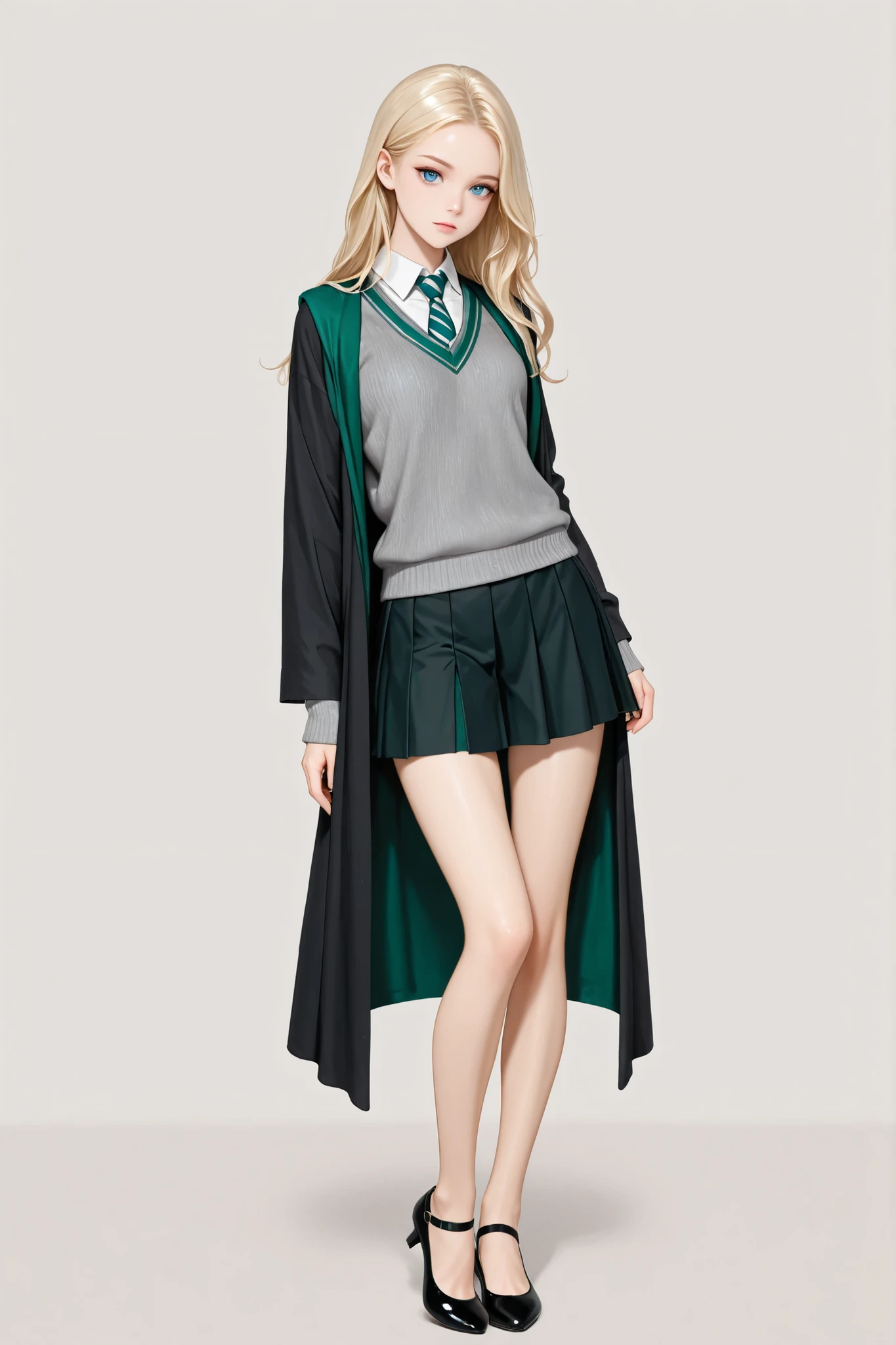 score_9, score_8_up, score_7_up, best quality, masterpiece, 4k resolution, 1girl, solo, youthful, beautiful, full body, long hair, blonde hair, blue eyes, looking at viewer, elegant posture, bare legs, smooth body, clean skin, hogwarts uniform, slytherin, black robe, necktie, striped necktie, collared shirt, sweater, pleated skirt, grey sweater, mary jane shoes, flats, black pumps, ballet shoes,