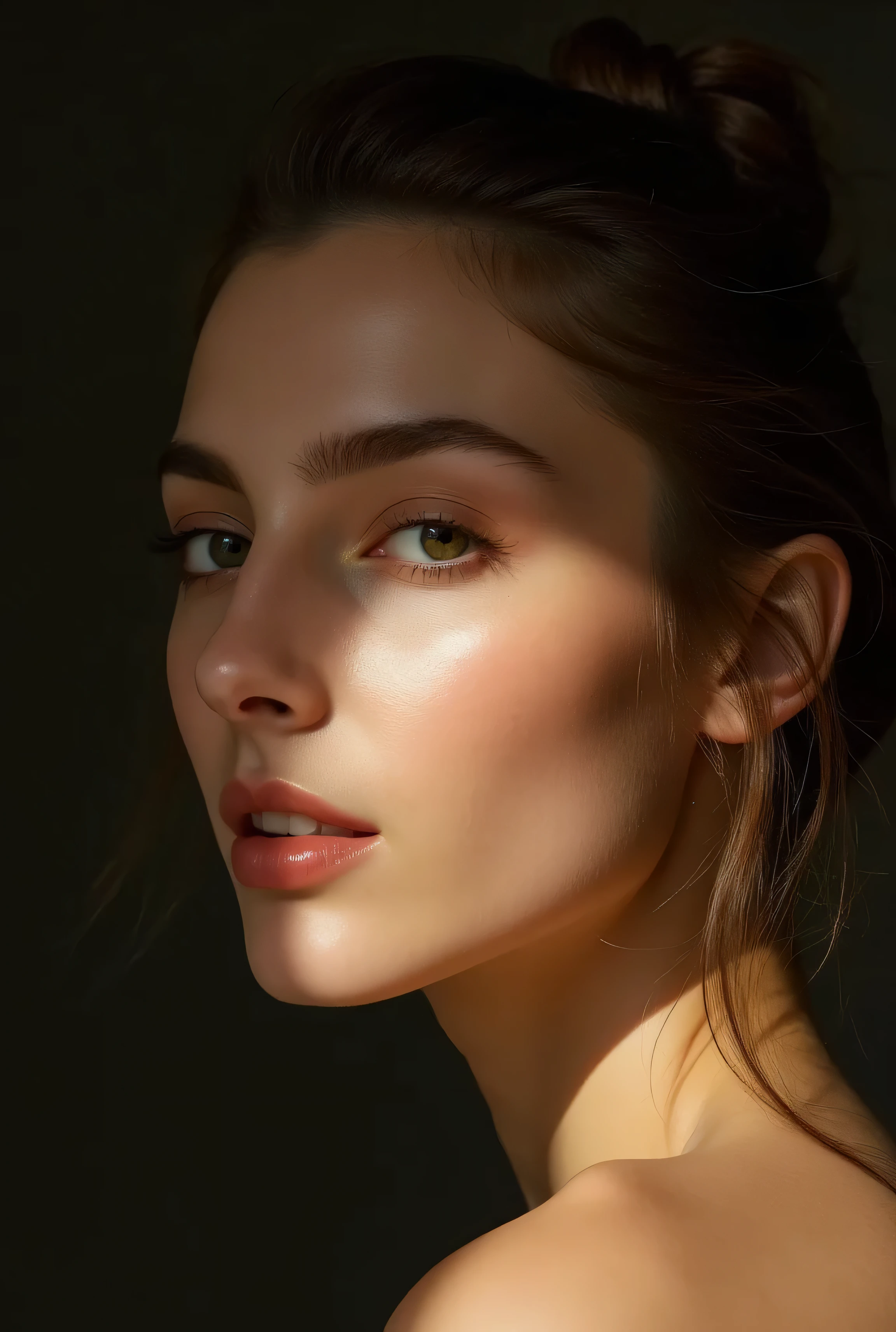 profile shot, no shadows on her face, bright lighting on her face, dark background, subtle backlighting, hair is tightly tied in a hairbun, no strand hair,