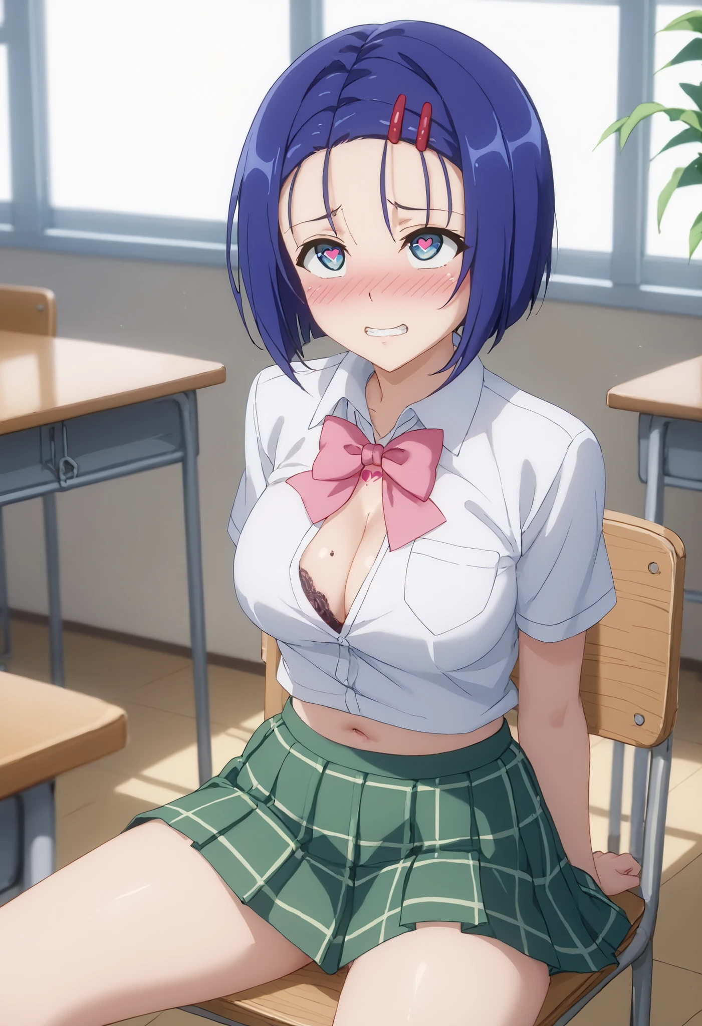 （（（ＳＦＷ、Highest quality、First Class Masterpiece、Normal Body 、32k、detailed face、super precise、Normal Hand、Highest）））、Haruna Sairenji/Seirenji Spring、『To Love -Love-』、Beautiful girl、１８age、Blue hair、bob cut、hairpin、Slim、slender、big boobs、school uniform、super miniskirts、Chest Valley、iron collar with chain lead、big pink heart tattoo on lower abdomen、Navel Heart Dirty Tattoo、Pink Heart Dirty Tattoo on Chest、Blushing embarrassed、eyes are hearts、 has heart-shaped eyes、Seated with legs apart、school classroom、In class、sit on a chair with legs wide spread out、rolling up her skirt by herself、Unbutton your uniform to reveal your bra