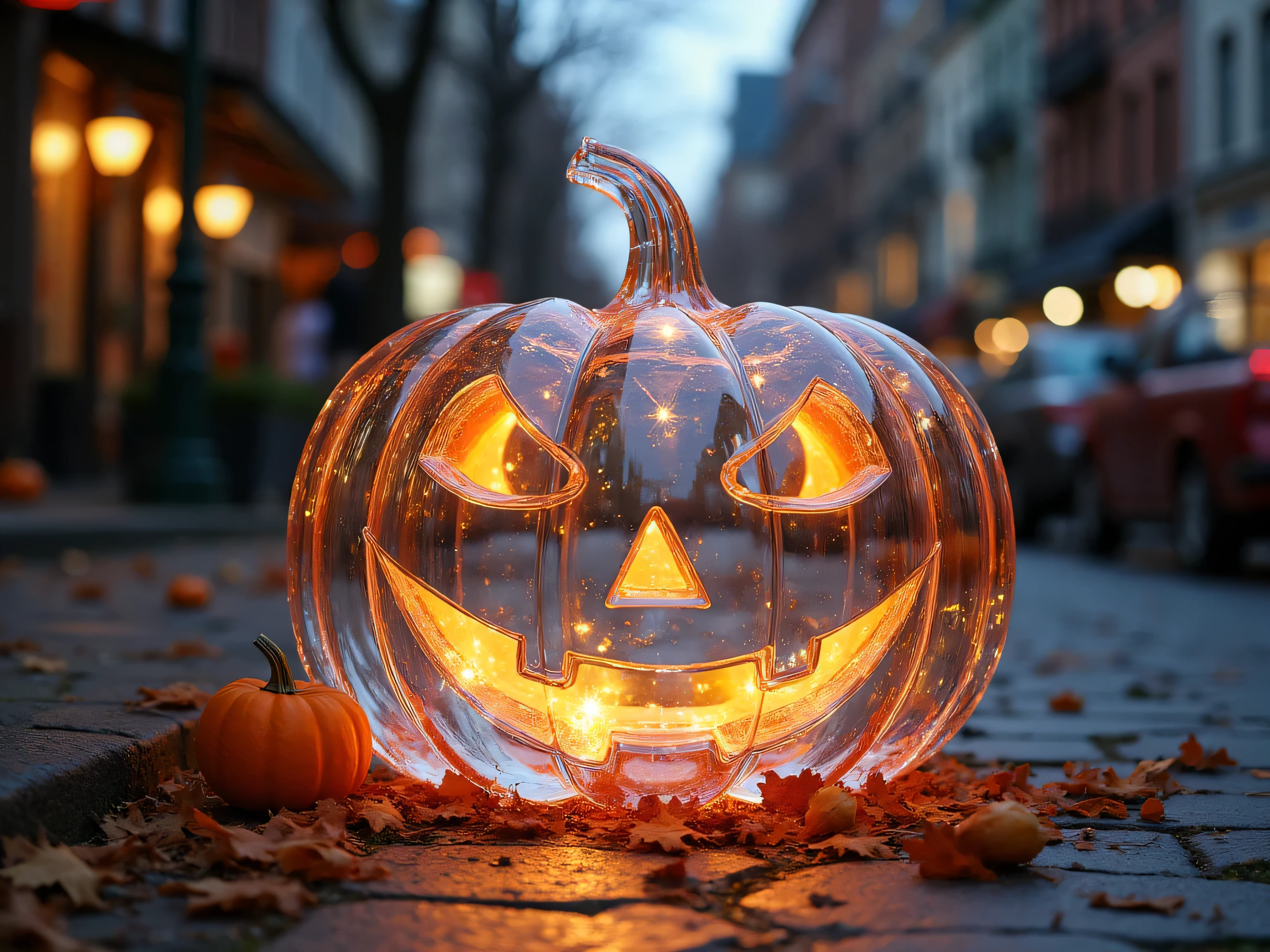 (best quality,masterpiece,high quality,highres,ultra detailed,photo realistic style:1.3),(jack o lantern made of crystal clear:1.3),Transparent,On the side of the road,Street decorated for Halloween,wide shot,long shot,street side,side walk