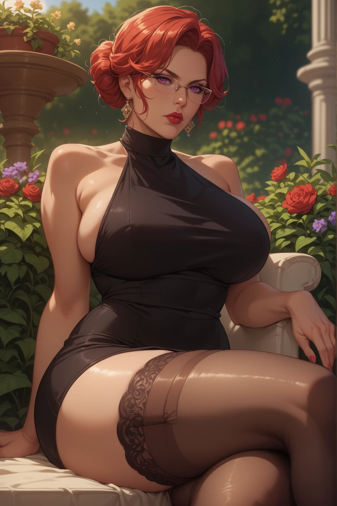 milf, mature woman, , short red hair, purple eyes, Show the whole body, garden background, sitting, short dress, clevage, serious, wide , thick thighs, black dress, glasses, red lips, makeup,  stockings, 