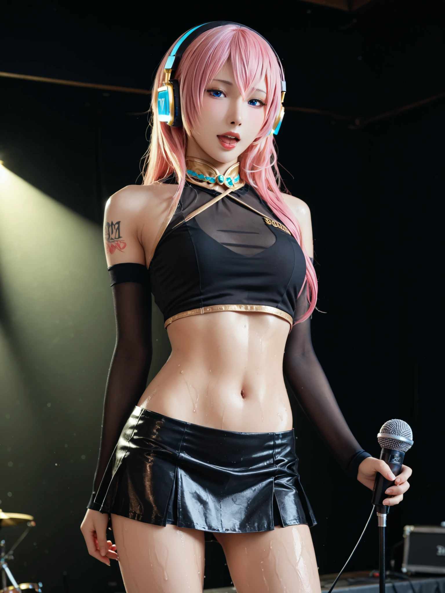 ((((nude)))),(wet skin,sweat,Armpit),(Soft Touch, Delicate Body Curves, Realistic human anatomy ),Luka Megurine , luka megurine, blue eyes, headphones, long hair, pink hair,arm warmers, Wristband, bare shoulder, black shirt, black skirt, Crop Top, midriff, belly button, shirt, shoulder tattoo, シングルarm warmers, skirt, number 02 tattoo,indoors, Stage, Stage lighting, sing, microphone, holding microphone, open mouth,I'm watching viewers, Dutch angle, cowboy shot,