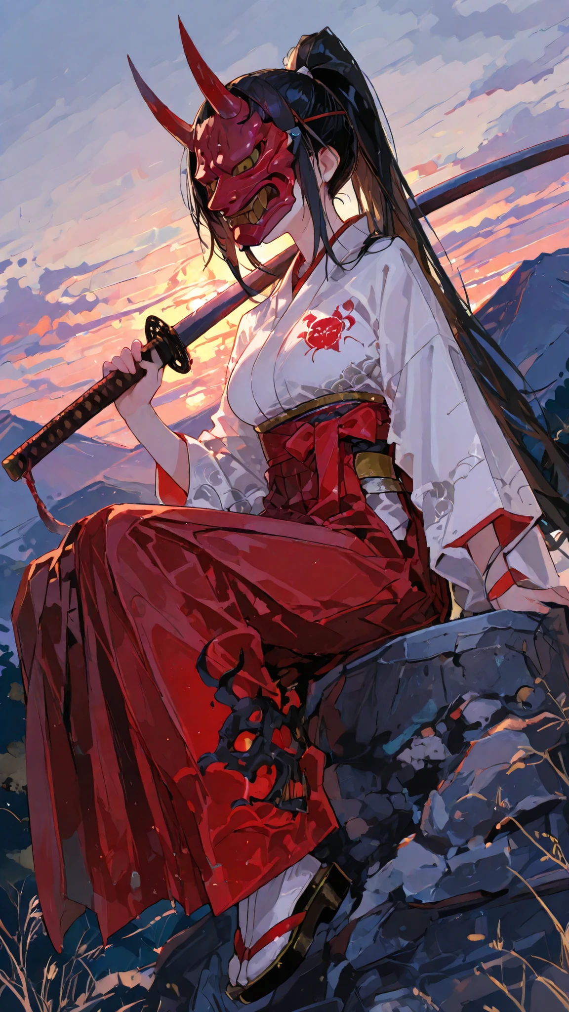 Human Girl,Black hair,High Ponytail,white kimono,white kimonoมีลาย, Red Mask , Traditional Japanese Devil Mask,Top Details,Slim,Demon Giant Mask,oni_mask,Tall and big,awesome, Hakama, Big mask_oni,Holding a rusty katana,Japanese Shoes,Under the mask,Sitting on a Stone,Sunset,mask cover, Middle breasts ,On the mountain