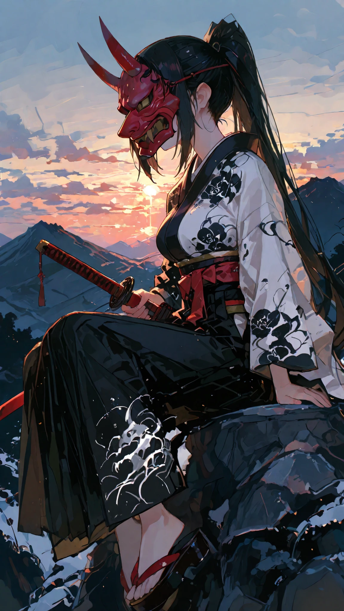 Human Girl,Black hair,High Ponytail,white kimono,Black and white kimono, Red Mask , Traditional Japanese Devil Mask,Top Details,Slim,Demon Giant Mask,oni_mask,Tall and big,awesome, Hakama, Big mask_oni,Holding a rusty katana,Japanese Shoes,Under the mask,Sitting on a Stone,Sunset,mask cover, Middle breasts ,On the mountain, Black kimono ,side view,