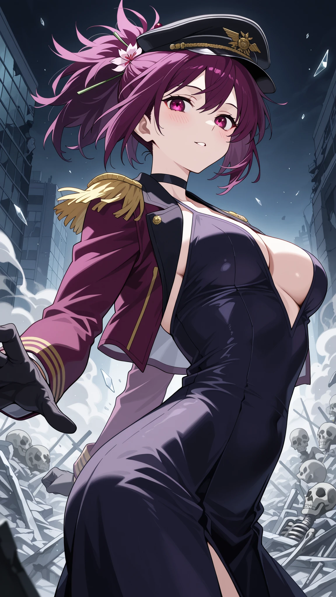 BREAK (masterpiece:1.2), best quality, high resolution, unity 8k wallpaper, (illustration:0.8), (beautiful detailed eyes:1.6),Row of shattered buildings leaning like skeletons,
piles of rubble choking the road,
shattered glass glittering among bricks,
burned-out cars rusting in silence,
faint haze of dust and smoke in the air, yuzuriha, hair ornament, purple eyes, ponytail, purple hair,medium breasts,gloves, hat,black dress, cleavage, jewelry, jacket, open clothes, choker, black gloves, military, black headwear, black choker, peaked cap, epaulettes, military hat,blush,looking at viewer,cowboy shot,alluring body curves, seductive expression,floating hair,arched back,from below,excited face,