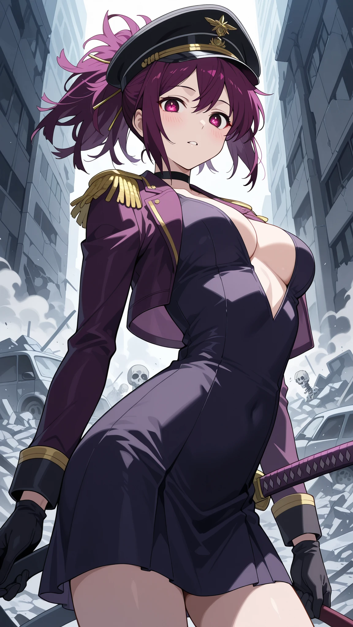 BREAK (masterpiece:1.2), best quality, high resolution, unity 8k wallpaper, (illustration:0.8), (beautiful detailed eyes:1.6),Row of shattered buildings leaning like skeletons,
piles of rubble choking the road,
shattered glass glittering among bricks,
burned-out cars rusting in silence,
faint haze of dust and smoke in the air, yuzuriha, hair ornament, purple eyes, ponytail, purple hair,medium breasts,gloves, hat,black dress, cleavage, jewelry, jacket, open clothes, choker, black gloves, military, black headwear, black choker, peaked cap, epaulettes, military hat,blush,looking at viewer,cowboy shot,alluring body curves, seductive expression,floating hair,arched back,from below,excited face,