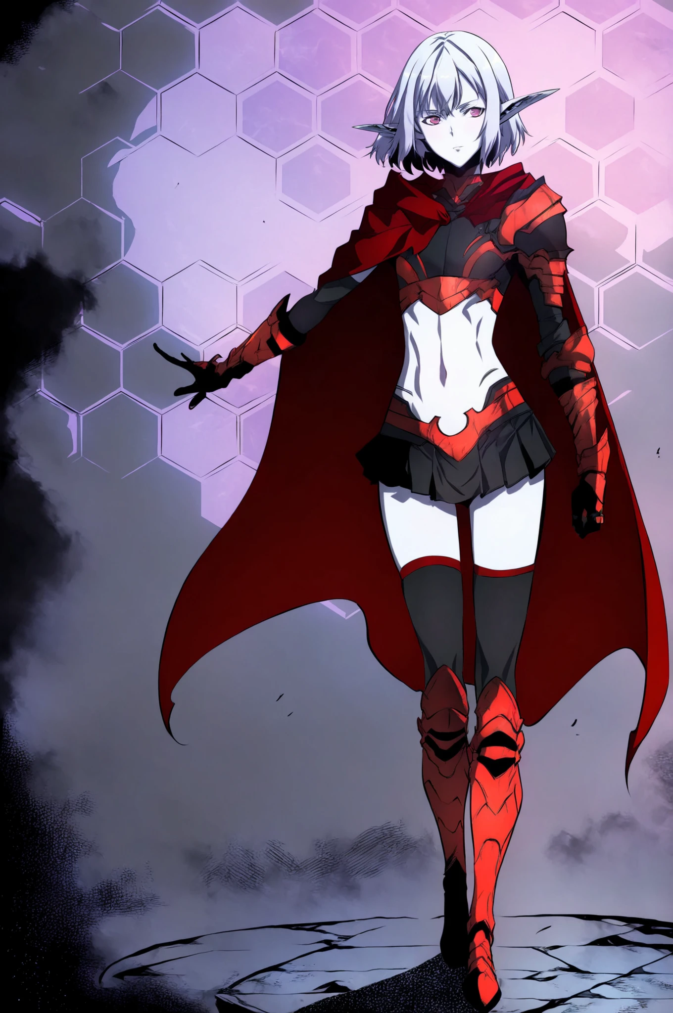 sololvl_style,Full body anime elf girl, short silver hair with light purple highlight, pale skin, elf ears. Futuristic black and red armor with exposed midriff, small shoulder guards, long split red cape with hexagonal patterns, mini skirt, thigh-high stockings, futuristic boots, black-red gloves

