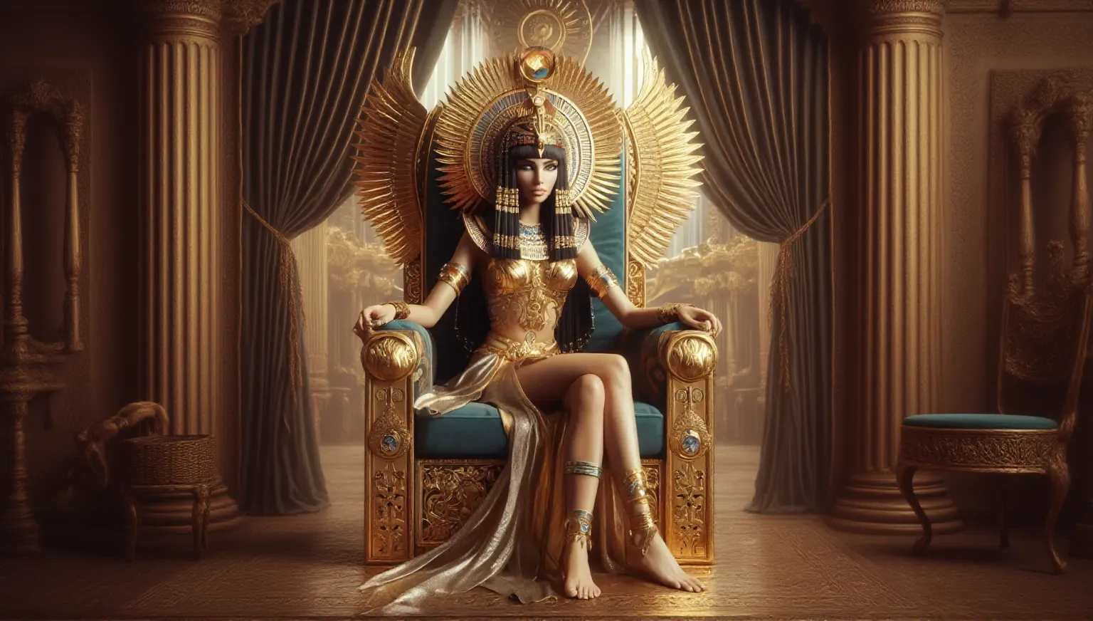 Renaissance painting of  sitting on a throne, her dress looks like lingerie, her gaze is  and attractive, her position , perfect beauty, she looks like a goddess, the only focus of the image is her, she is facing the viewer, renaissance painting.