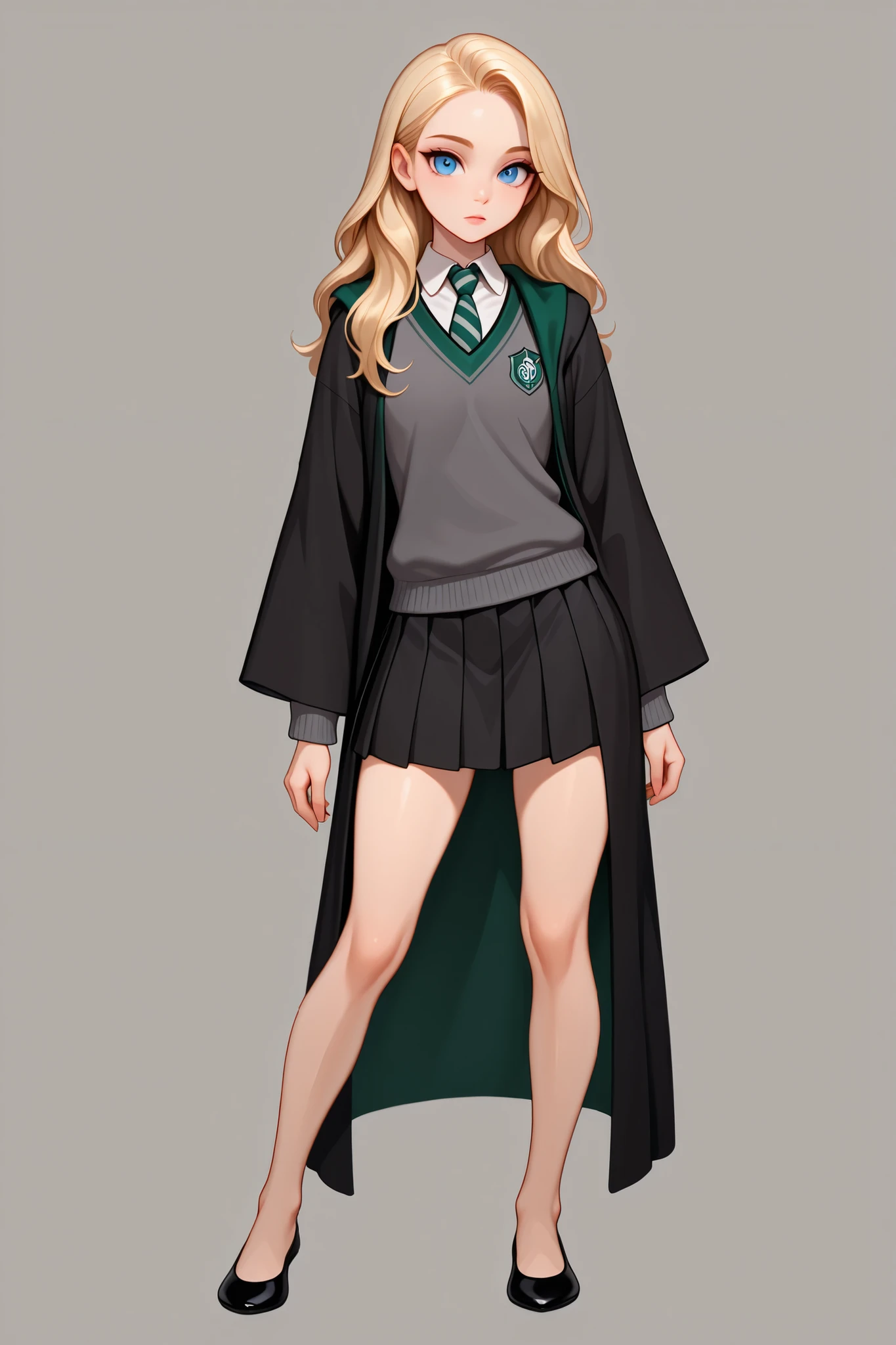 score_9, score_8_up, score_7_up, best quality, masterpiece, 4k resolution, 1girl, solo, youthful, beautiful, full body, long hair, blonde hair, blue eyes, looking at viewer, elegant posture, bare legs, smooth body, clean skin, hogwarts uniform, slytherin, black robe, necktie, striped necktie, collared shirt, sweater, pleated skirt, grey sweater, flats, ballet shoes, black shoes,