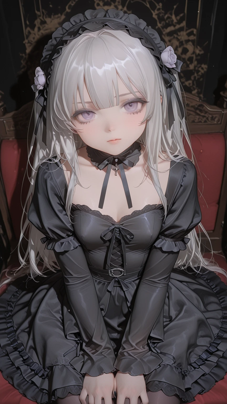 Hard Dark Gothic Makeup、Dark black eyeshadow、sad、Skin radiance、Dark Gothicメイク、Dark Smile、palace、The beauty of perfume、24 years old、Expressing intense  pleasure、Embarrassed look、Dark Gothic、best quality、Expression of  pleasure in pain、Drunken face、Purple maid outfit、mystery、noble、Someone holds its face in the toilet、、A loving smile、twin-tail hair、Right eye is blue, The left eye is red、Super Posture、Platform high heels、Heavy makeup、Gothic Lolita Clothing、Silver Hair、Long straight hair、Cute Gothic Lolita Dress、Pretty Face、Elegant Features、Charming face、Multicolored Glass is the background、Sweat glistened on the 、The room is dark、long gothic dress、Bell sleeves、Wizard Sleeves、Decadent look、Signs of  excitement、Smooth thighs soaked in water、The thighs are wet，Oily and shiny、Roses background in the room、sad expression、Rose Girl、The embroidery is pink、This dress has pink embroidery.、Knee socks、Knee socks、Gentle expression、dark black eyeshadow、Multicolored Glass and rose background、Thighs are a bit thin、Women's Couple Dance、Female couple、Dark Church Background、Multicolored Glass、black metal world、dark castle、darkroom、slim body、long gothic dress、Victorian style dress、Her thighs glistened with sweat、My body is wet，shining、There are a lot of sequins on the thighs、Sweating、My thighs are sticky from Sweating、Thighs glistening with sweat, 全身Sweating，Oily shiny、I sweated a lot.、我的大腿Sweating了、My thighs are wet、My thighs are covered in sweat、Sweating，The whole body sparkles、Small 、upright、Standing、Hold the wine in your right hand、Holding a lantern in his left hand、Pantyhose、Dynamic Angle、look down、