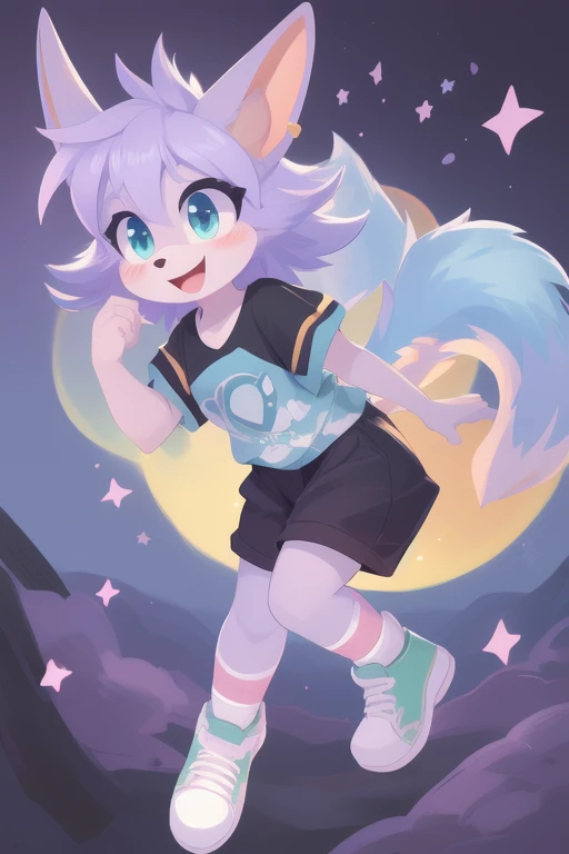 a cute adult male with wolf ears, white hair, has a wolf tail, wearing a loose cropped oversized black hoodie, wearing a pair of denim short shorts and fishnet stockings, thick thighs, wide hips, relaxing on mound of fluffy multi colored kawaii plushies, short, very slim, showing slender tummy, stretching out, heart on hoodie, squishy thighs, has glowing blue eyes. alone, solo (ALONE)(SOLO), surrounded by rainbows, colorful galaxy backround