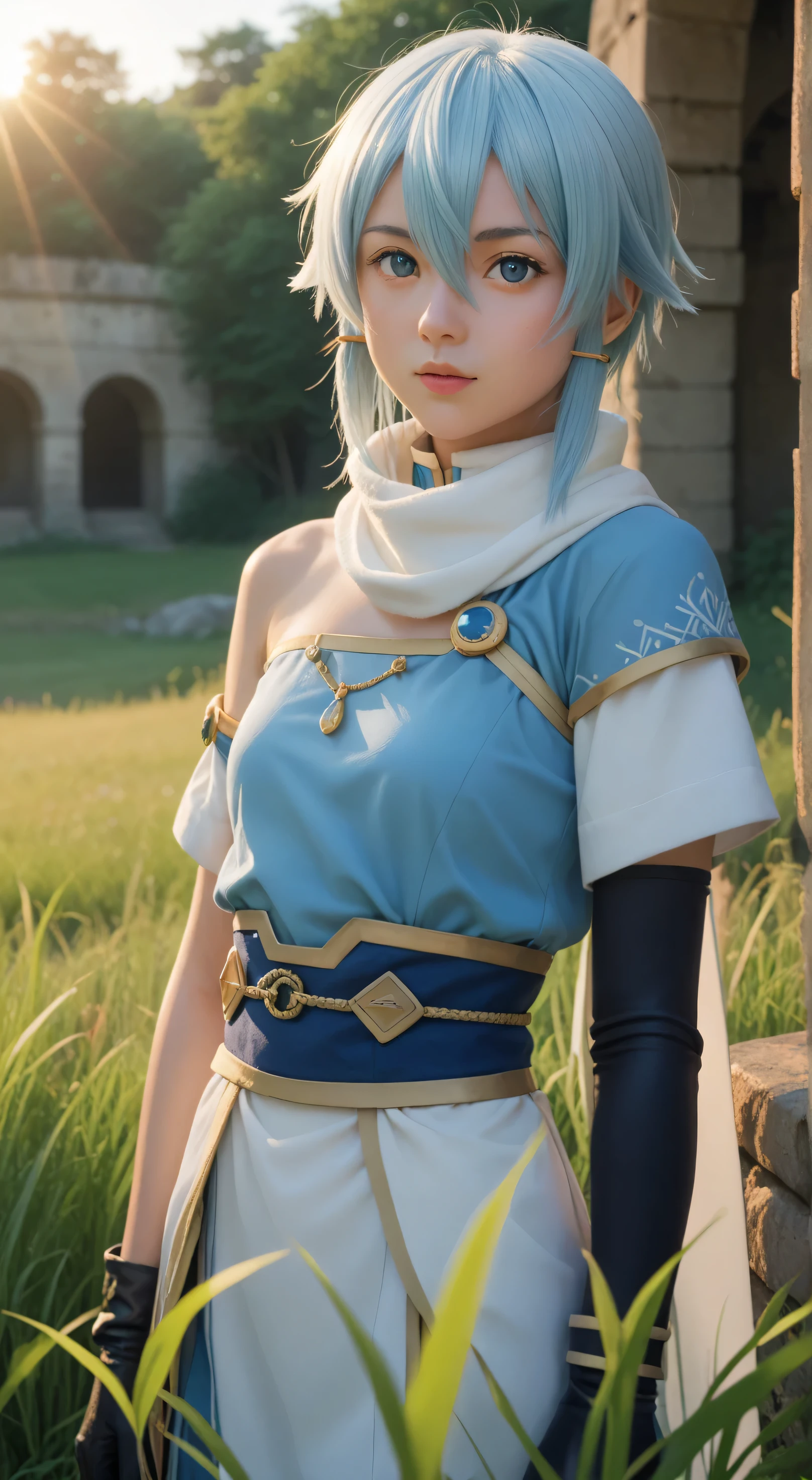 (masterpiece, best quality:1.3), Sophitia Alexandra, Soul Calibur, (cinematic angle:1.5), 28 years old, look at viewer, gold hair, braid hair, (there is a beautiful sunset with a lake and trees in the background, colorful skies, surreal colors, colorful sunset, colorful sky, marvellous reflection of the sky:1.2), (she is bathing:1.5),