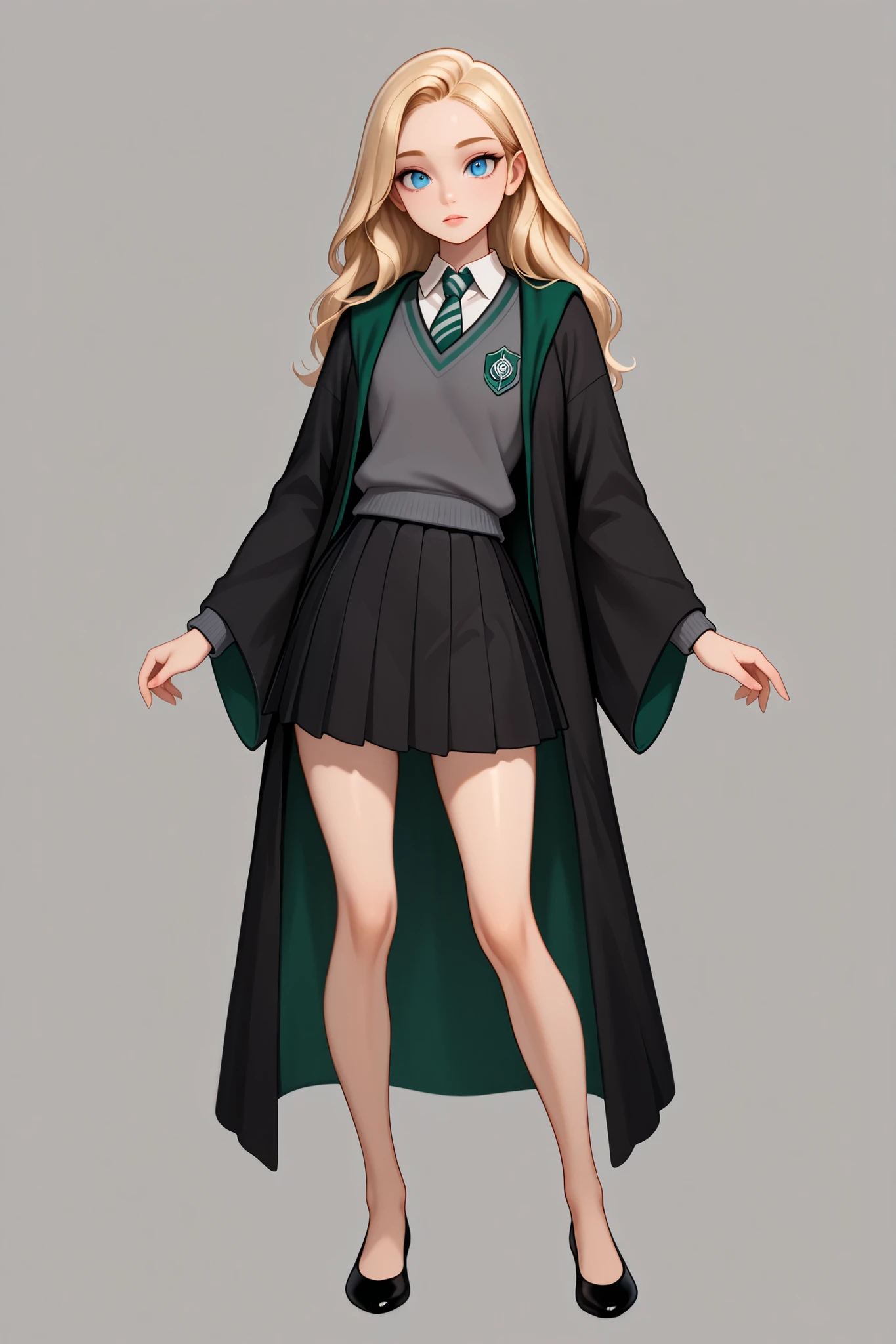 score_9, score_8_up, score_7_up, best quality, masterpiece, 4k resolution, 1girl, solo, youthful, beautiful, full body, long hair, blonde hair, blue eyes, looking at viewer, elegant posture, bare legs, smooth body, clean skin, hogwarts uniform, slytherin, black robe, necktie, striped necktie, collared shirt, sweater, pleated skirt, grey sweater, flats, ballet shoes, black shoes,