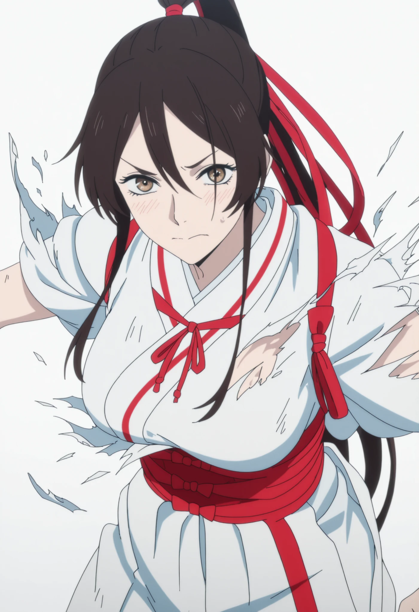 masterpiece, best quality, amazing quality,, <lora:sagiri-yamada-asaemon-s1-illustriousxl-lora-nochekaiser:1>, sagiri yamada asaemon, long hair, black hair, ponytail, high ponytail, brown eyes, mature female, medium breasts, anime screencap, japanese clothes, kimono, , (aged up),  , cowboy shot, cowboy shot, solo, looking at viewer,  simple background, white background ,((torn clothing, exploding clothing)), from above, wince, light embarrassed, close up face,