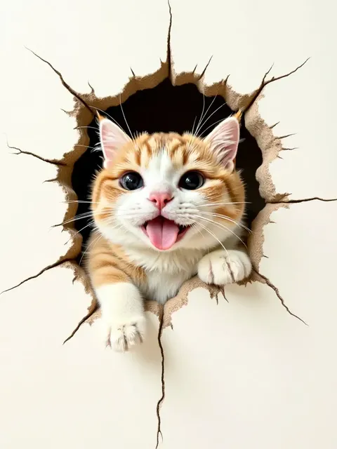 穿过破裂墙壁的萌宠