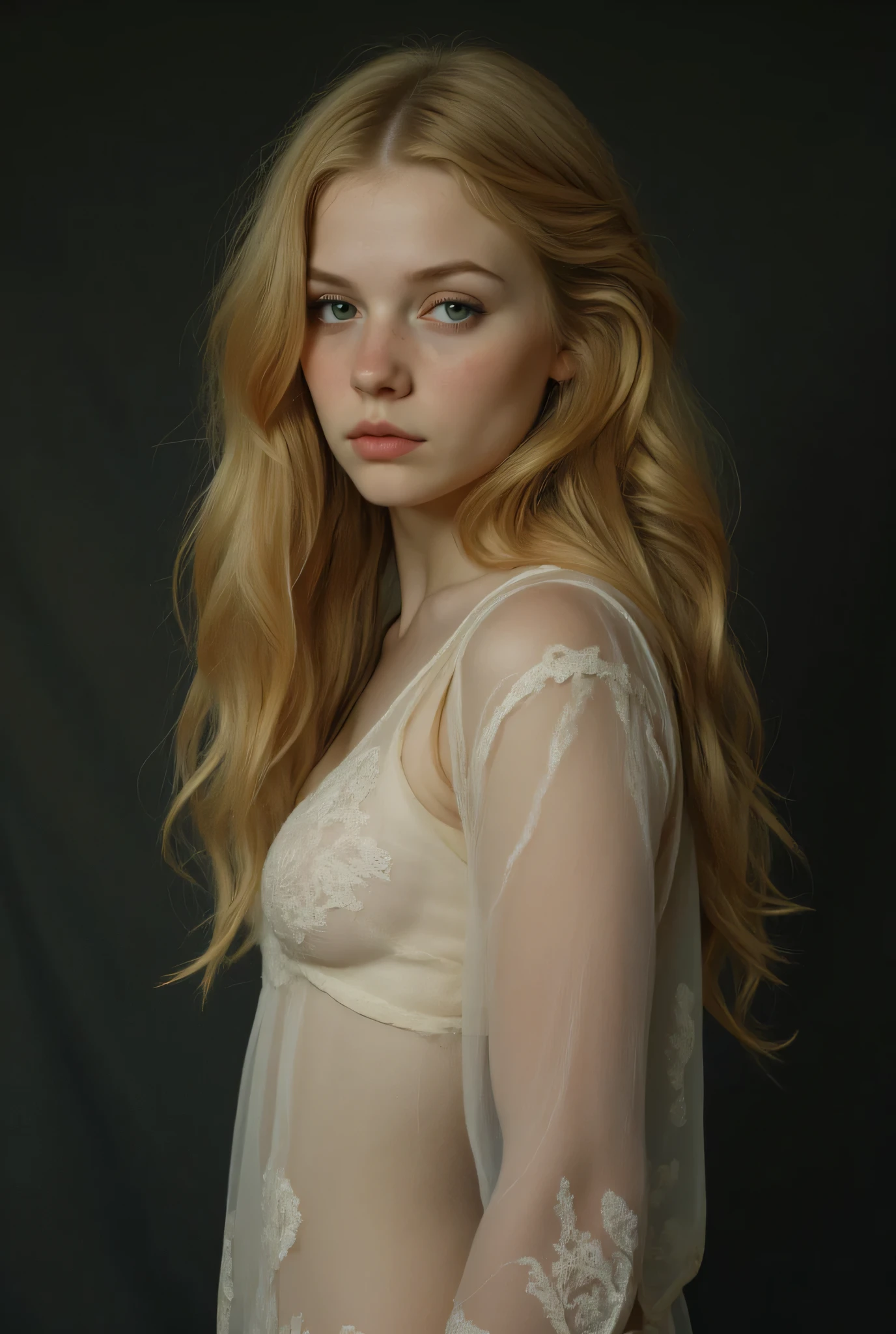 Create a portrait of Carmilla by Sheridan Le Fanu, Femme adolescent, long blonde curly hair, Gothic. She is wearing a light white transparent nightgown that reveals her nipples. Her expression is enigmatic, a blend of seduction, sorrow, and predatory hunger, as if she is both inviting and warning against her dark embrace. Small breast and deep cleavage. visible nipples. 19 years old. Sensual and shy expression. Soft nudity