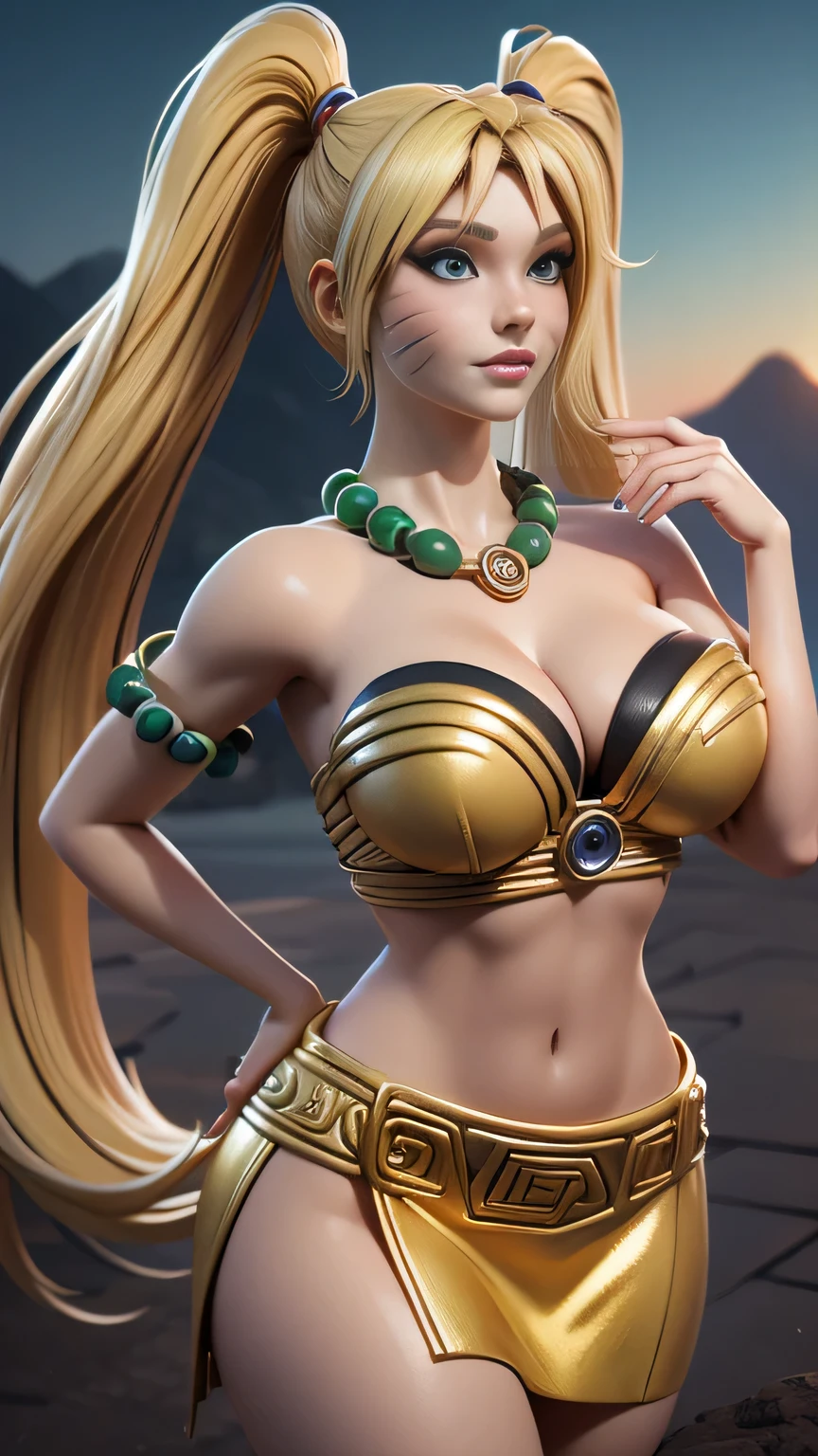 (A masterpice:1.4)、(beste-Quality:1.4)、
1girl in, armlet, Brown-skinned, blonde  hair, blushful, A bracelet, 가슴, circlet, elvish, verd s eyes, Wreath on the head, giant ??????, jewlery, a large ??????, length hair, looking at the viewers, Belly Navel, O-ring, o-ring top, pointy ear, simple background, a smile, 独奏, extra very long hair, ,Realstic,(shinny skin),(A masterpice:1.4),(beste-Quality:1.4),red-lips