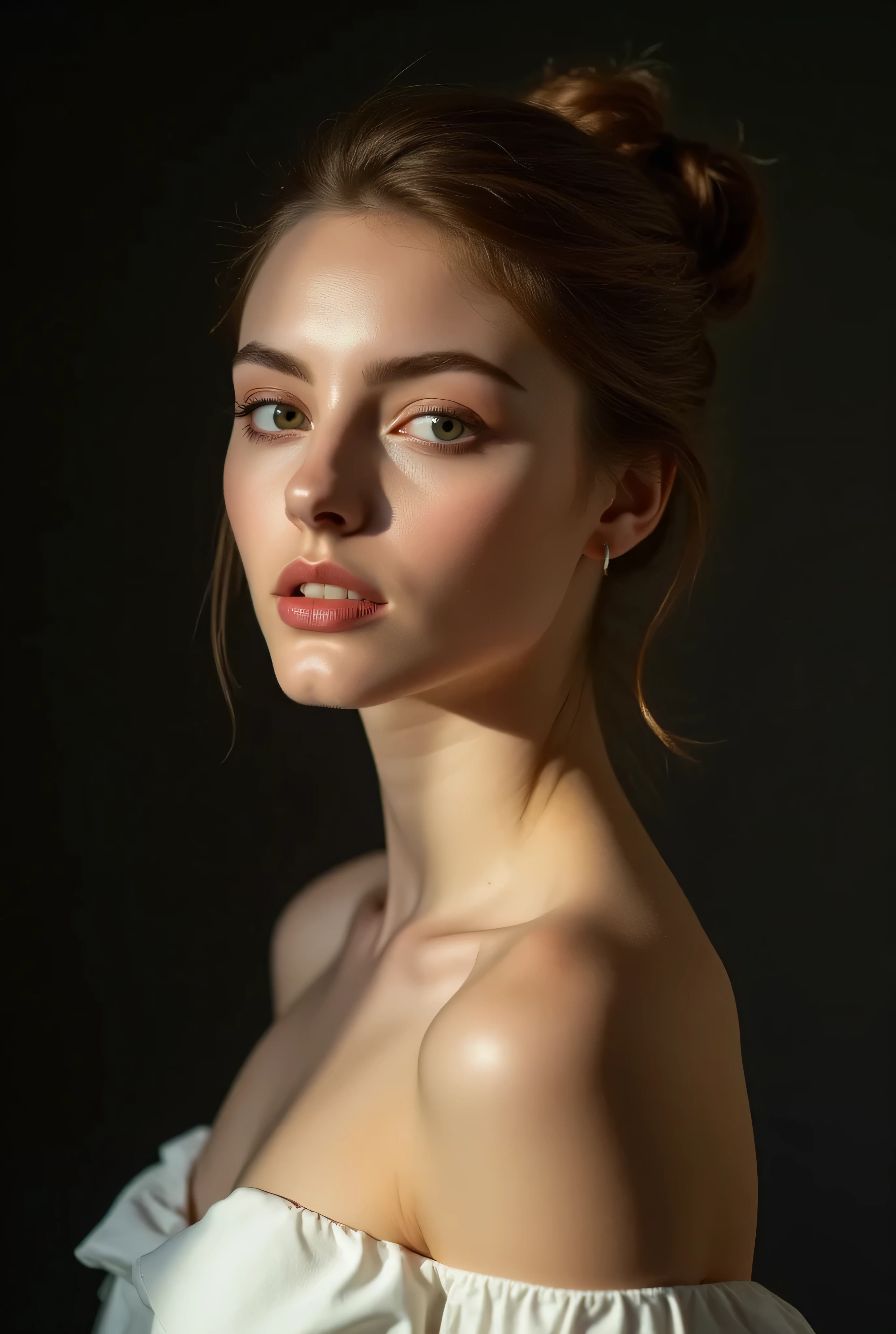 profile shot, no shadows on her face, bright lighting on her face, dark background, subtle backlighting, hair is tightly tied in a hairbun, no strand hair, 