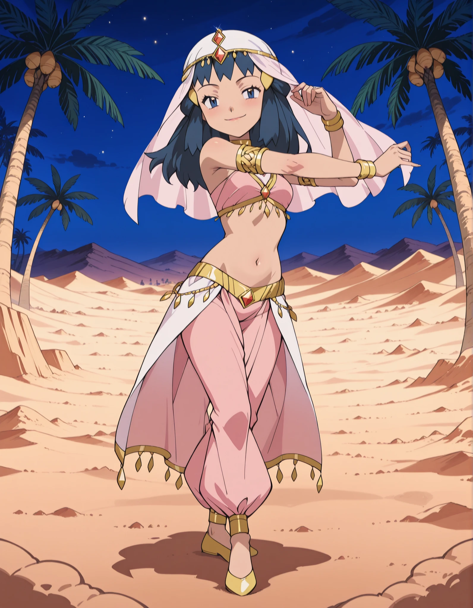 (1girl:1 . 5) , (Seul:1 . 5) , score_9 , score_8_haut , score_7_haut , source_anime , Official work , ultra-detailed , masterpiece , best quality selfie snapshot , high resolution , beaux yeux , detailed eyes , detailed face , beautiful detailed eyes ,Pokemon Diamond & Pearl,Dawn,Arabian Clothes , Arabian Dancer ,belly dancer costume ,full body,golden jewelery,armlet, belly dancing,night,desert lands,palm tree,seductive smile, dancing with veil, dynamic movement,dance posture, seductive pose