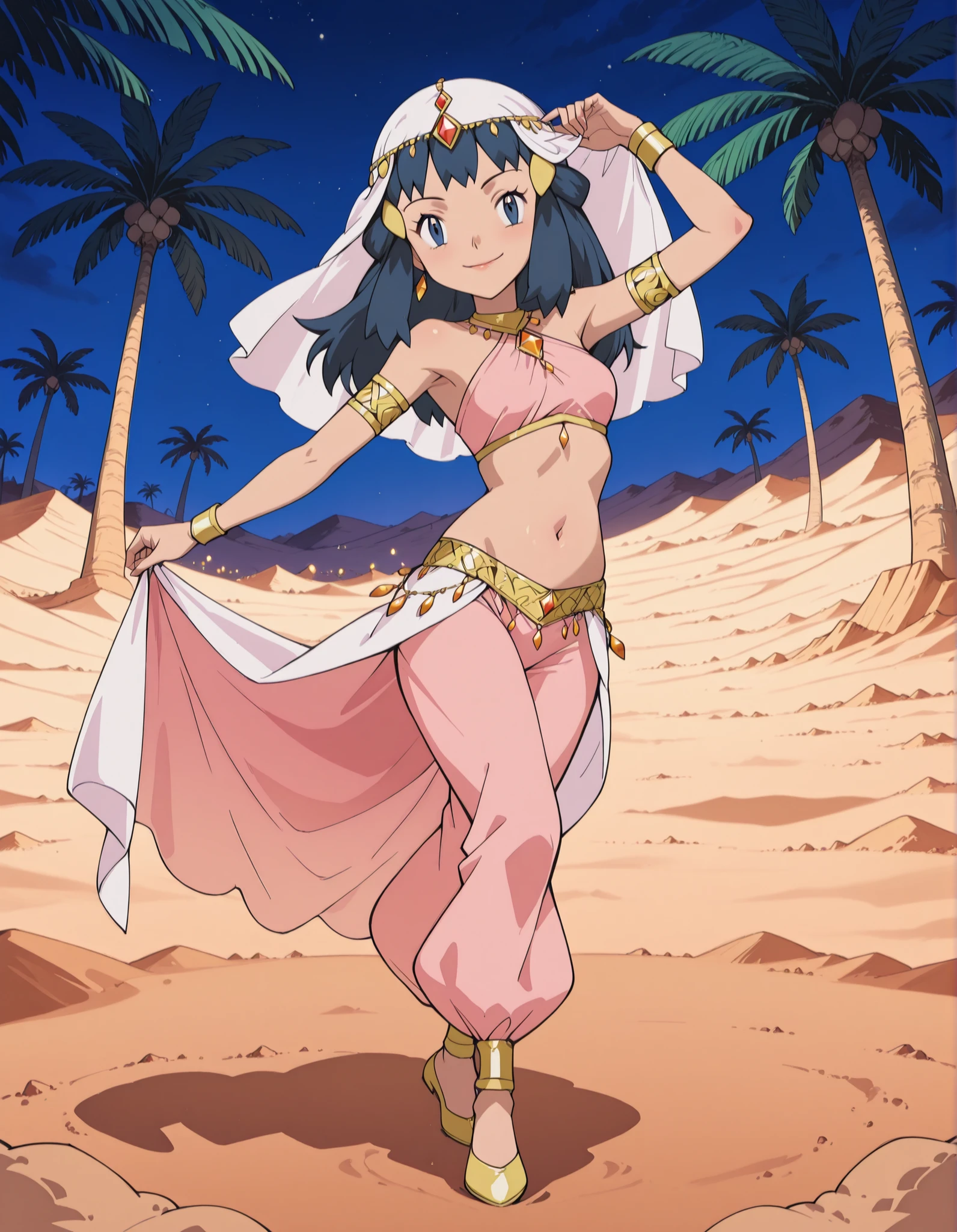 (1girl:1 . 5) , (Seul:1 . 5) , score_9 , score_8_haut , score_7_haut , source_anime , Official work  , ultra-detailed , masterpiece , best quality selfie snapshot , high resolution , beaux yeux , detailed eyes , detailed face , beautiful detailed eyes ,Pokemon Diamond & Pearl,Dawn,Arabian Clothes , Arabian Dancer ,belly dancer costume ,full body,golden jewelery,armlet, belly dancing,night,desert lands,palm tree,seductive smile, dancing with veil, dynamic movement,dance posture, seductive pose