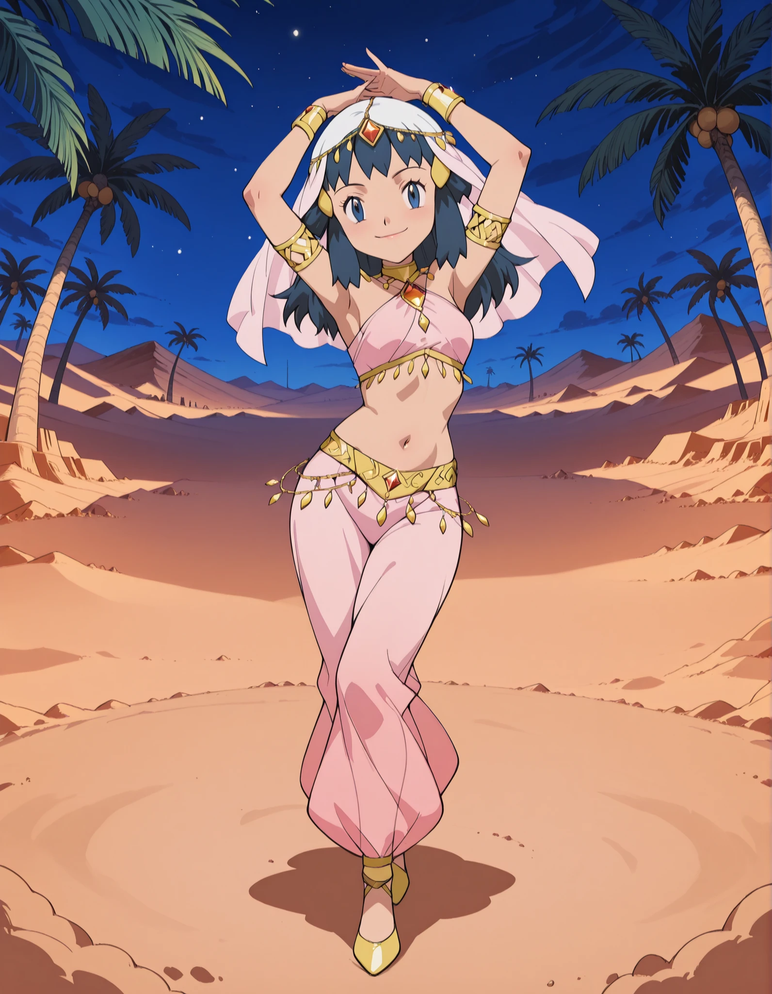 (1girl:1 . 5) , (Seul:1 . 5) , score_9 , score_8_haut , score_7_haut , source_anime , Official work , ultra-detailed , masterpiece , best quality selfie snapshot , high resolution , beaux yeux , detailed eyes , detailed face , beautiful detailed eyes ,Pokemon Diamond & Pearl,Dawn,Arabian Clothes , Arabian Dancer ,belly dancer costume ,full body,golden jewelery,armlet, belly dancing,night,desert lands,palm tree,seductive smile, dancing with veil, dynamic movement,dance posture, seductive pose