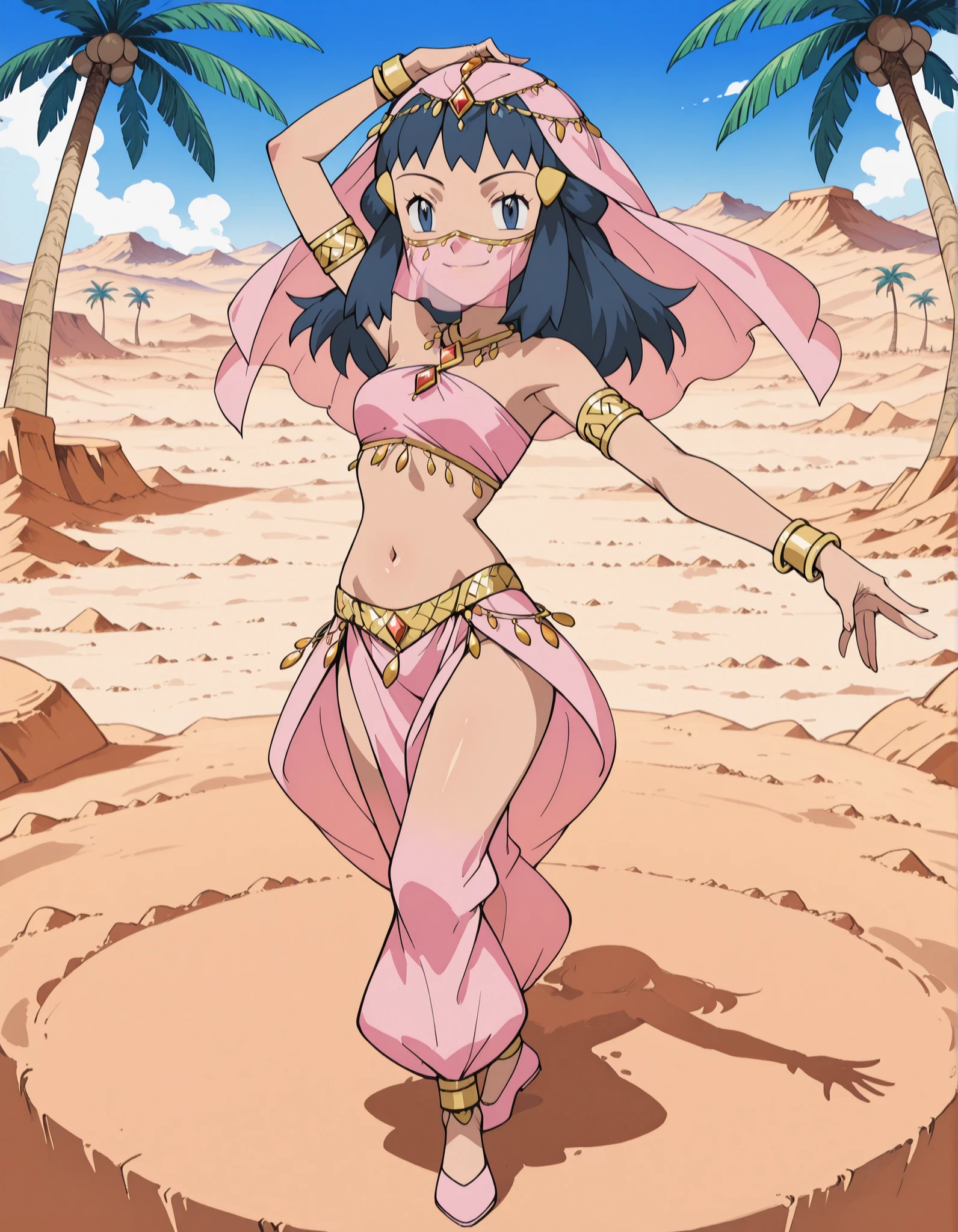 (1girl:1 . 5) , (Seul:1 . 5) , score_9 , score_8_haut , score_7_haut , source_anime , Official work  , ultra-detailed , masterpiece , best quality selfie snapshot , high resolution , beaux yeux , detailed eyes , detailed face , beautiful detailed eyes ,Pokemon Diamond & Pearl,Dawn,Arabian Clothes , Arabian Dancer ,belly dancer costume ,full body,golden jewelery,mouth veil,armlet, belly dancing,desert lands,palm tree,seductive smile, dancing with veil, dynamic movement,dance posture, seductive pose