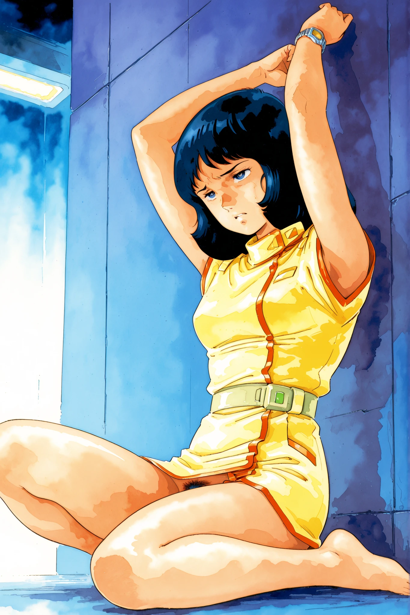 (masterpiece, detailed eyes), Break, (w sitting, arms up, pushed against the wall), Break, (head down, looking at side, disgust, ), Break, (Fa Yuiry, 1girl), Break, (top light, blue lighting, soft brightness, soft saturation, soft contrast), Break, (spaceship corridor), Break, (view From below,  from the front), nsfw,yasuhiko yoshikazu, traditional media, retro artstyle, Open your legs, a little pubic hair, detailed female genitalia,Watch the viewers