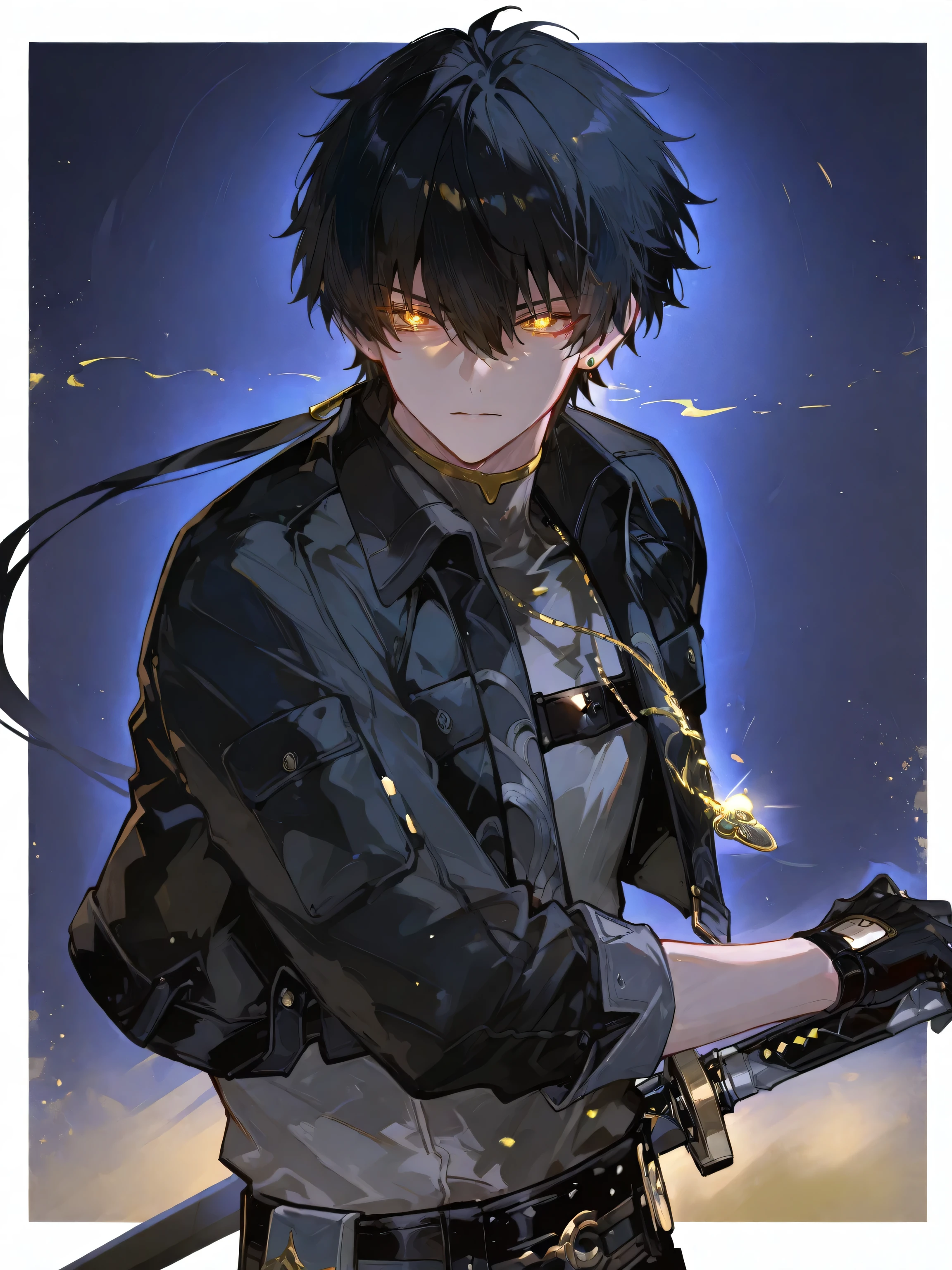 (masterpiece, Highest quality, Official Art:1.2), mlwuter, 1boy, male focus, solo, yellow eyes, black hair, bangs, hair between eyes, long hair, low ponytail, ring hair extensions, jewerly, earrings,necklace, shirt, grey shirt, jacket, black jacket, open jacket, , cropped jacket, gloves, black gloves, shaded face, glowing eyes:0,6, masterpiece, best quality, cinematic lighting, amazing quality, very aesthetic, absurdres, best quality, 4k, upscale, S_Styled, (((SOLO)) abstract golden background, multicolored golden background, dynamic pose, (masterpiece:1.2), (best quality:1.2), (amazing quality:1.2), (beautiful eyes, detailed eyes:1.2), cinematic shadows, white border , dark blue background, (battoujutsu) sword visible