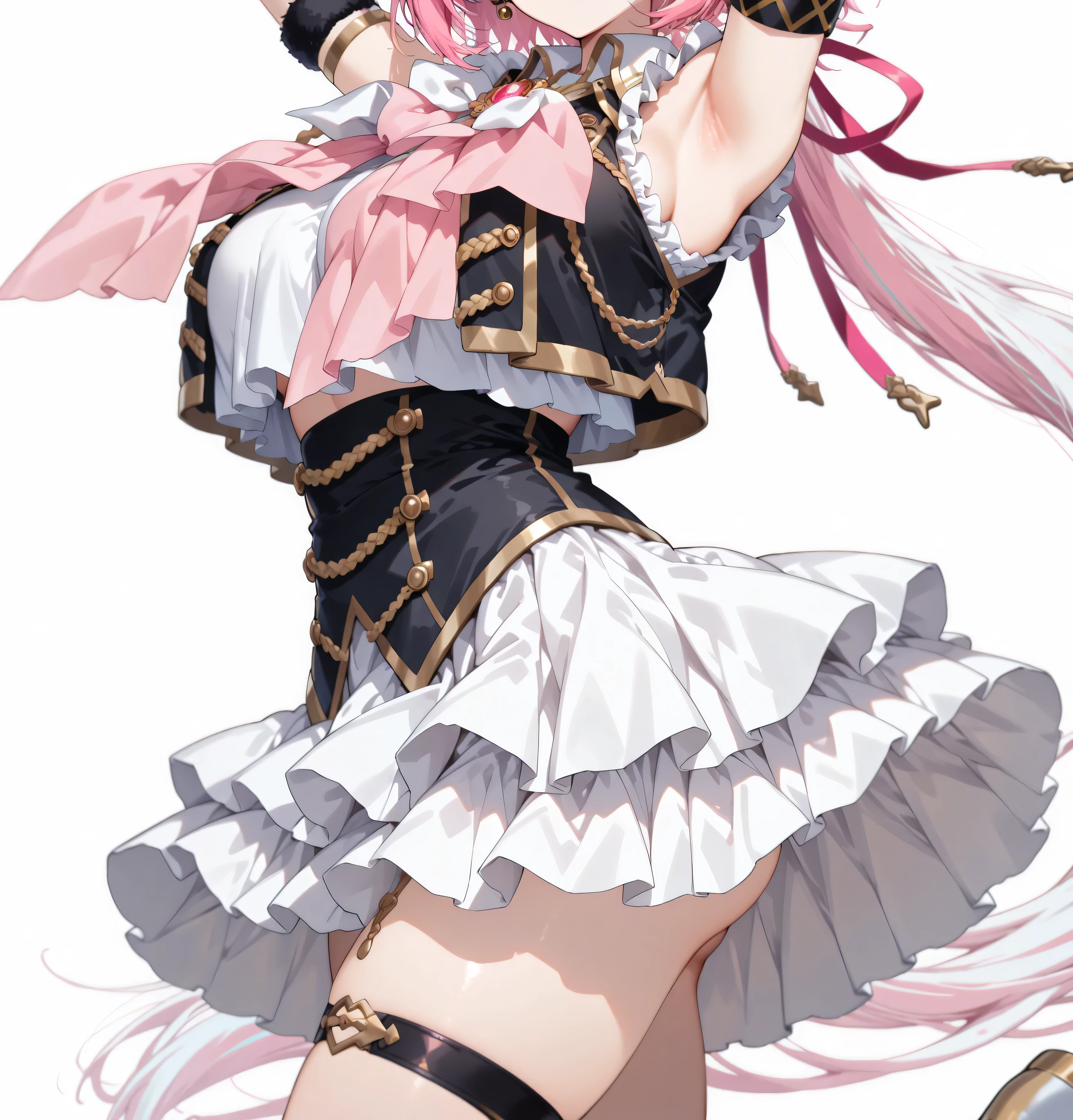 nijiyuikacos,white shirt,frilled shirt,shirt overhang,sleeveless,black vest,crop top vest,open vest,aiguillette,gold trim,((large white bow tie)),((long white bow tie)), pink brooch,single armband,black armband,white skirt,layered skirt,black thigh strap,fur-trimmed gloves,,nijiyuikacos,white shirt,frilled shirt,shirt overhang,sleeveless,black vest,crop top vest,open vest,aiguillette,gold trim,white bow,pink brooch,single armband,black armband, masterpiece, best quality, highres, anatomically correct,((white background)), ((large breasts)), parts of underbutt,armpits,Naked Lower Body, ((large hip line)),