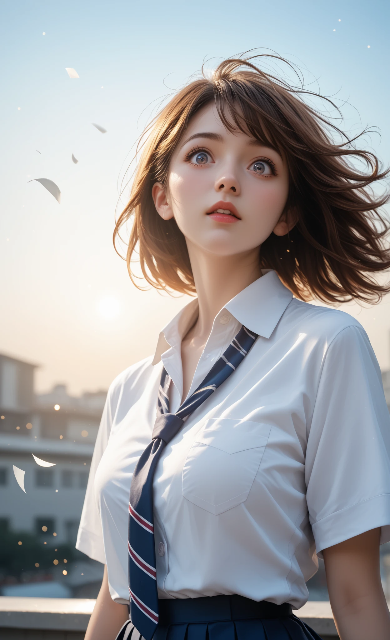 masterpiece, photorealistic, Super Detailed, Original photo, cinematic lighting, high school girl, Modern Japanese Uniforms, Dramatic golden hour lighting shining in from below, Floating Documents and Books, Hair Blown in the Wind, surprised expression, Dramatic sword slashing pose with city views in the background, Sunset behind Skyscrapers, lens flare, Atmospheric Particles, 8K Resolution, Soft bokeh background , Inspiring Moments Are Captured, high end photography, Exquisite Fabric Textures