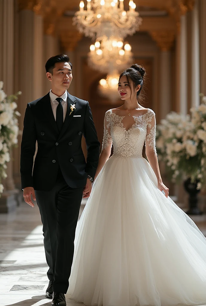 A high-resolution digital illustration depicting a luxurious wedding scene with a beautiful bride and a wealthy groom in an opulent setting. 