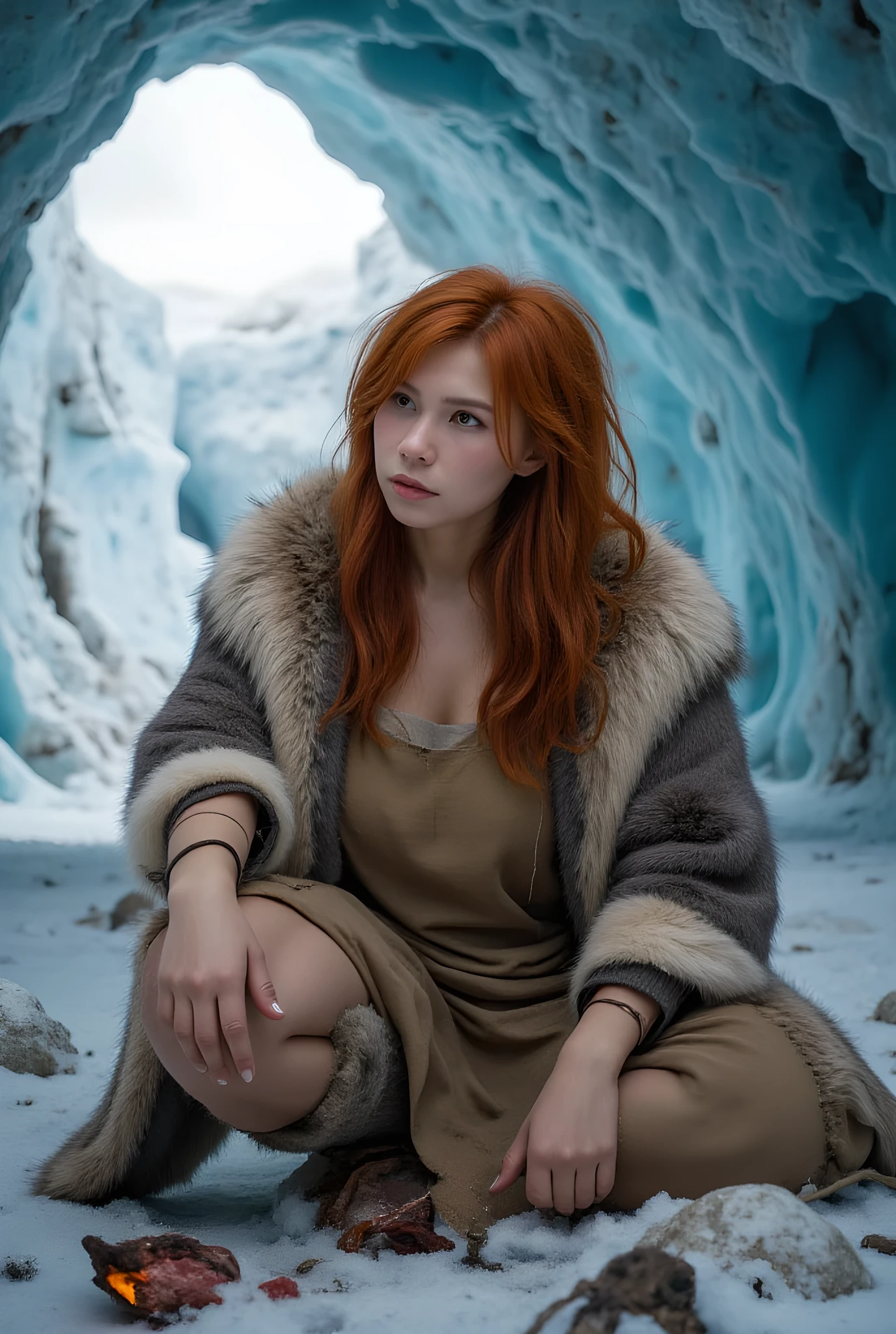 Ancient Ice age era,
((Realistic cinematography ultra wide intricately angle of snowy cave nature antarctic on the landscape background)),sitting body pose,((a beauty female Neanderthals)),wearing fully long fur primitively fabric tunic fur dress, rope, and primitive coat,she is ignites a fire camp to prepare cooking beef,(beauty ape like),(perfectly fully symmetrical tall body shaped|cinematic dynamically environmental wide camera angle scenery:accurately depicted:1.3),the lively antarctic depicting scenery,blue hour,realistically full depth,(cinematography dynamic angle|hyperrealistic:realistic scenery:3d texture over the scenery),beauty Neanderthals,winter season,(cinematography vibe),,(dynamic image composition),(octane 3d rendering|50mm lens shot:1.3),(lifelike skin texture:lifelike ginger thick messy hair),(best rule of third photography composition),(best image aperture),(full details depth of field),(best shutter speed),(RAW photo image),(photorealistic|photorealism:hyperrealism style),(realistic depth 3d:cgi:1.3),(trending on cgsociety:devianart:unreal engine 5),furry,(best photography:national Geographic style), sandalPunkAi artwork, digital art,best lighting concept,realistic fixed truly full human anatomy body, hands, and fingers anatomy, inspired by farcry5 game artwork.