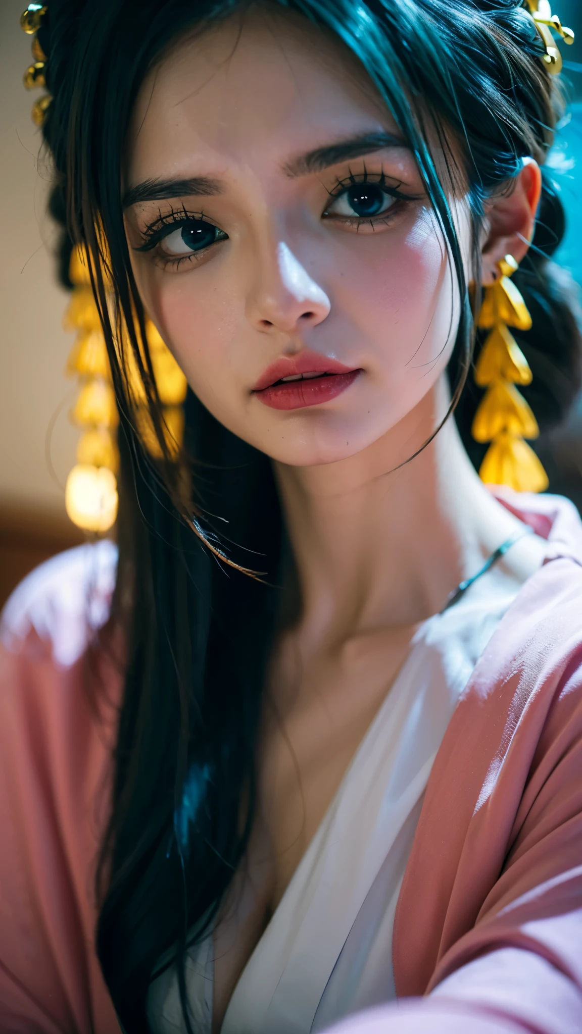 Realistic and ultra-detailed portrait of Komurasaki Hiyori from One Piece, depicted as if she exists in the real world. She has long, silky, flowing turquoise hair with a natural shine, styled gracefully with traditional Japanese elegance. Her eyes are large, expressive, and strikingly deep blue, radiating both sadness and nobility. She wears an exquisite, ornate kimono with intricate golden and floral patterns, layered with rich fabrics in shades of purple, pink, and gold, illuminated with lifelike textures and embroidery. Her delicate face has porcelain-like skin, soft blush, and natural makeup highlighting her beauty. Surrounding her is a refined atmosphere inspired by Wano culture—paper lanterns glowing warmly, cherry blossoms drifting in the air, and the subtle shine of moonlight reflecting on her silk attire. Ultra-realistic lighting, cinematic depth of field, sharp facial features, detailed fabric textures, hyper-detailed environment, masterpiece, 8K