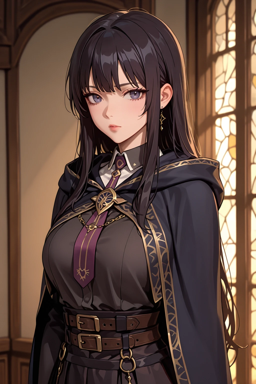 fine，HD，Aesthetic，extremely detailed 8k wallpaper，Top picture quality，(Practical:1.2)，Solo，Upper Body，(cygames:1.2)，A woman，Lipstick，Neat hair，(Medieval European dress:1.3) with Ancient Greek Robe，(There are black strips of cloth hanging on the clothes:1.05)，Church Background，Depth of Field，(dark feeling:1.15)
