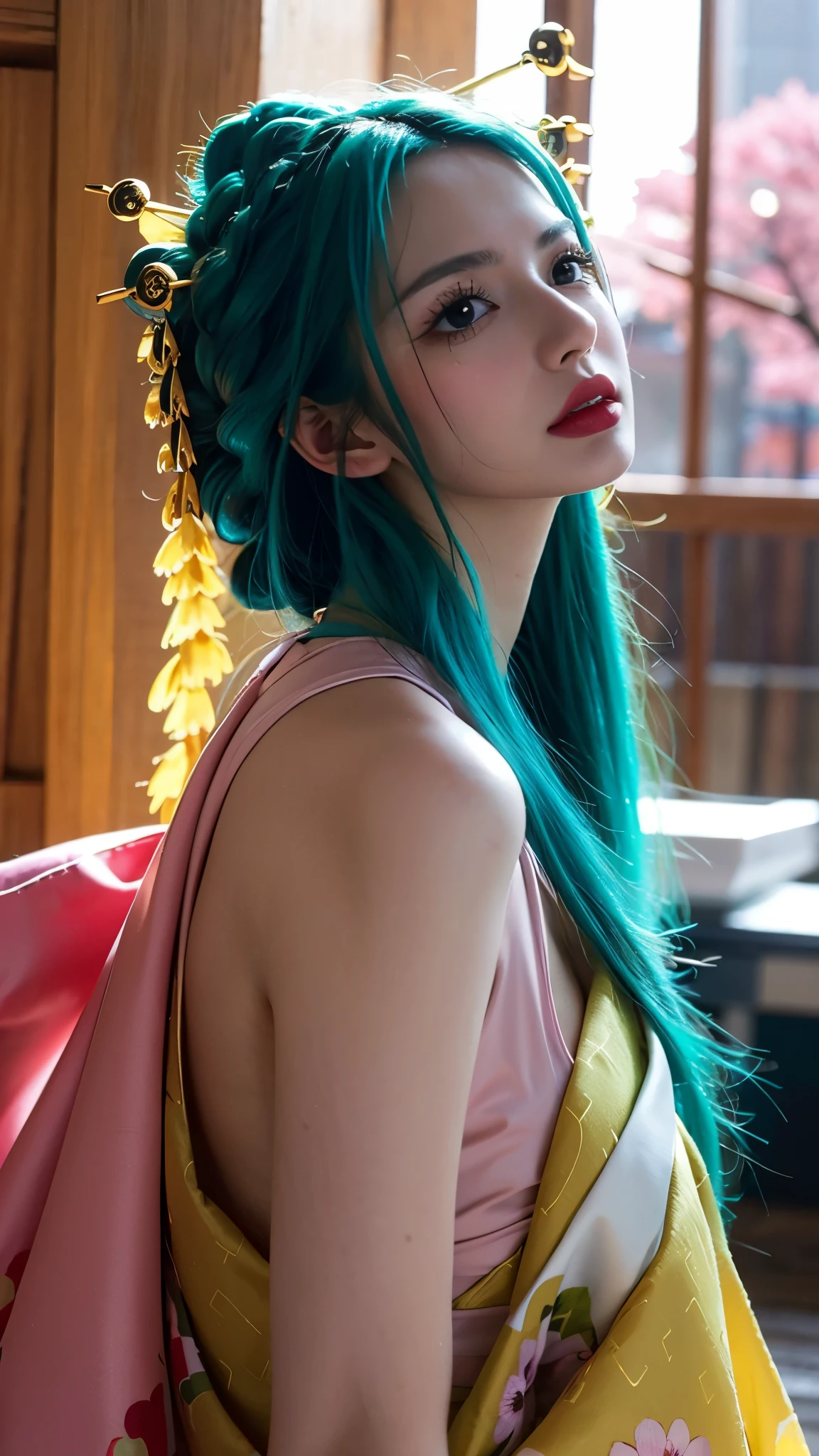 Realistic and ultra-detailed portrait of Komurasaki Hiyori from One Piece, depicted as if she exists in the real world. She has long, silky, flowing turquoise hair with a natural shine, styled gracefully with traditional Japanese elegance. Her eyes are large, expressive, and strikingly deep blue, radiating both sadness and nobility. She wears an exquisite, ornate kimono with intricate golden and floral patterns, layered with rich fabrics in shades of purple, pink, and gold, illuminated with lifelike textures and embroidery. Her delicate face has porcelain-like skin, soft blush, and natural makeup highlighting her beauty. Surrounding her is a refined atmosphere inspired by Wano culture—paper lanterns glowing warmly, cherry blossoms drifting in the air, and the subtle shine of moonlight reflecting on her silk attire. Ultra-realistic lighting, cinematic depth of field, sharp facial features, detailed fabric textures, hyper-detailed environment, masterpiece, 8K