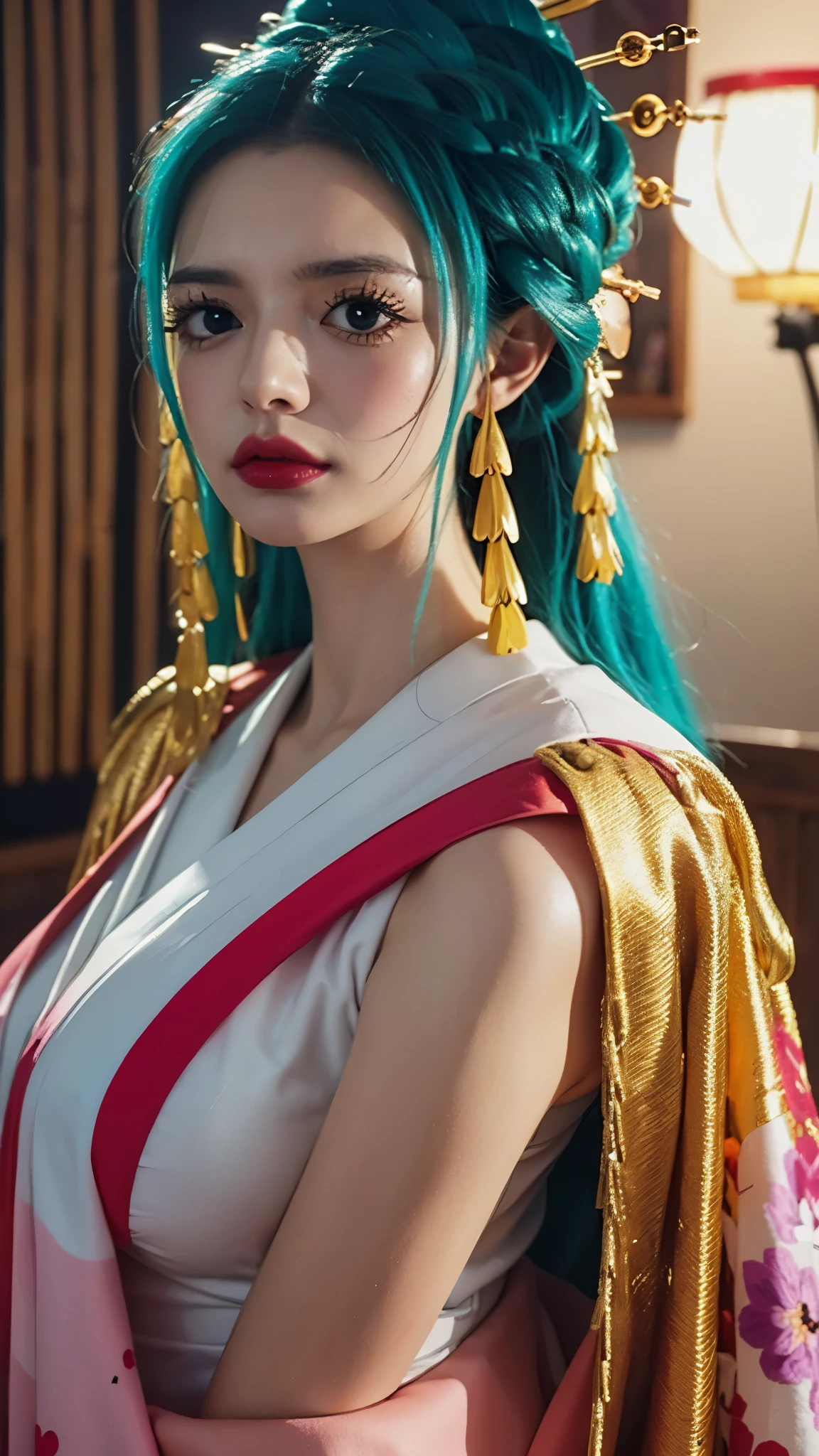 Realistic and ultra-detailed portrait of Komurasaki Hiyori from One Piece, depicted as if she exists in the real world. She has long, silky, flowing turquoise hair with a natural shine, styled gracefully with traditional Japanese elegance. Her eyes are large, expressive, and strikingly deep blue, radiating both sadness and nobility. She wears an exquisite, ornate kimono with intricate golden and floral patterns, layered with rich fabrics in shades of purple, pink, and gold, illuminated with lifelike textures and embroidery. Her delicate face has porcelain-like skin, soft blush, and natural makeup highlighting her beauty. Surrounding her is a refined atmosphere inspired by Wano culture—paper lanterns glowing warmly, cherry blossoms drifting in the air, and the subtle shine of moonlight reflecting on her silk attire. Ultra-realistic lighting, cinematic depth of field, sharp facial features, detailed fabric textures, hyper-detailed environment, masterpiece, 8K